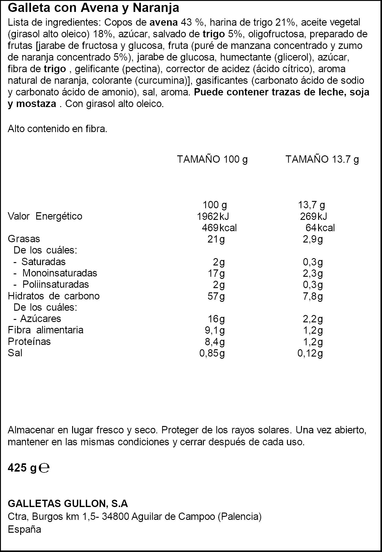 Galleta digestive avena naranja Gullón 425g