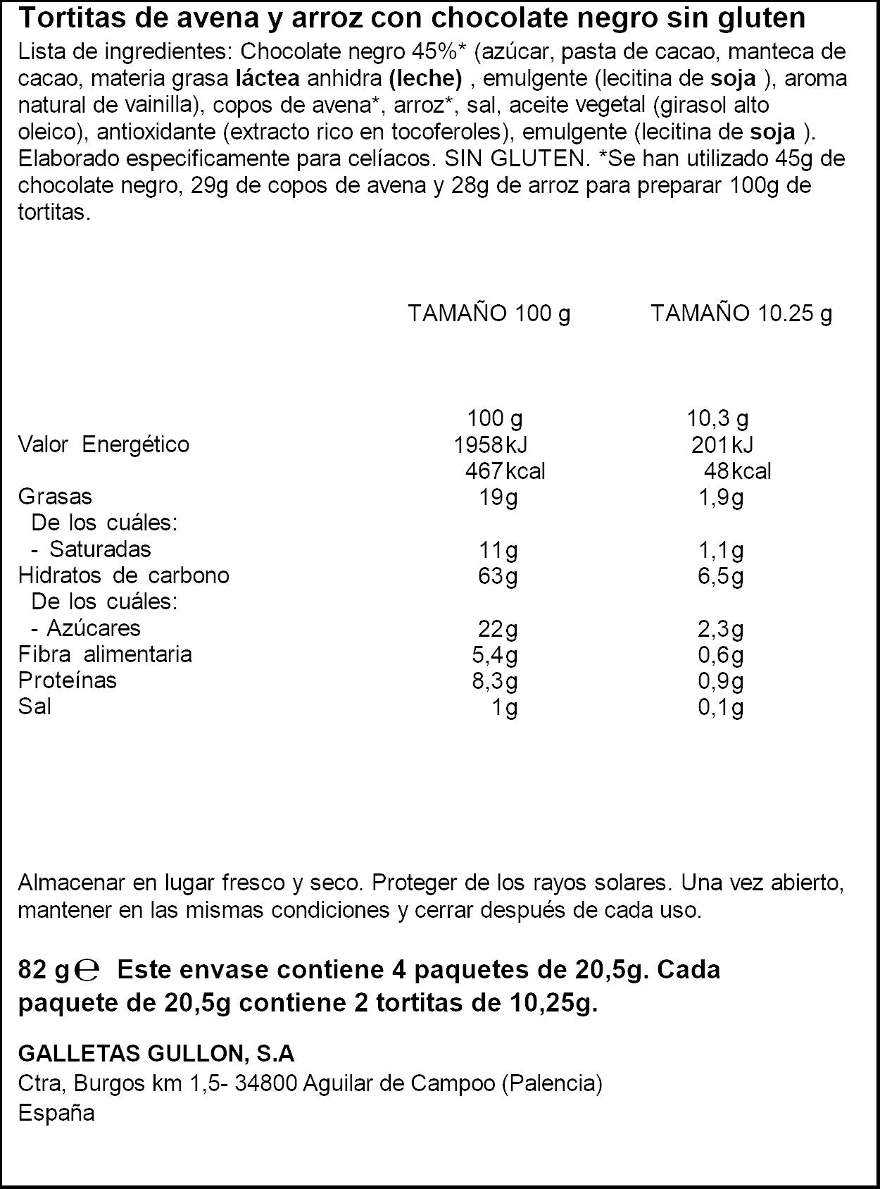 Tortita  avena y arroz choco vitalday Gullón 82g