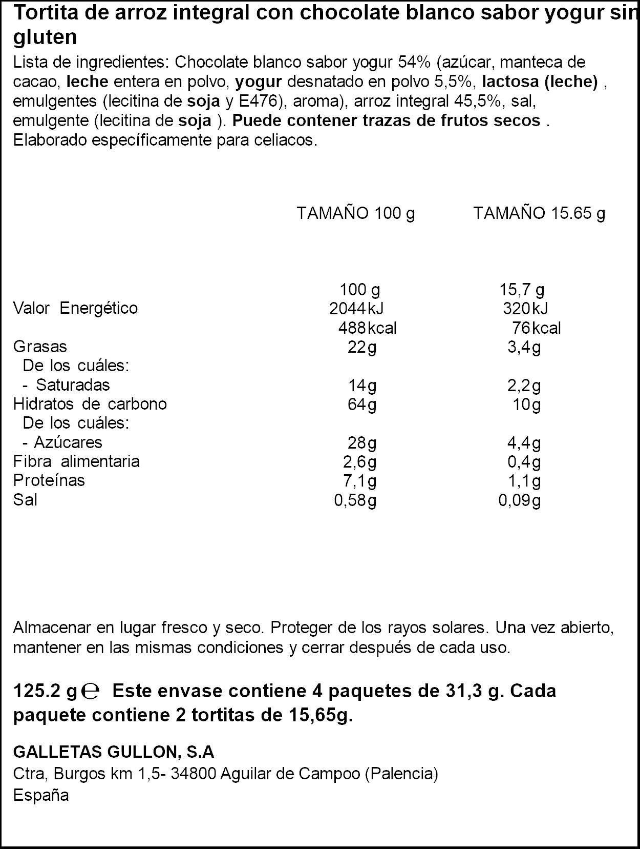 Tortita arroz yogurt vitalday Gullón 125g