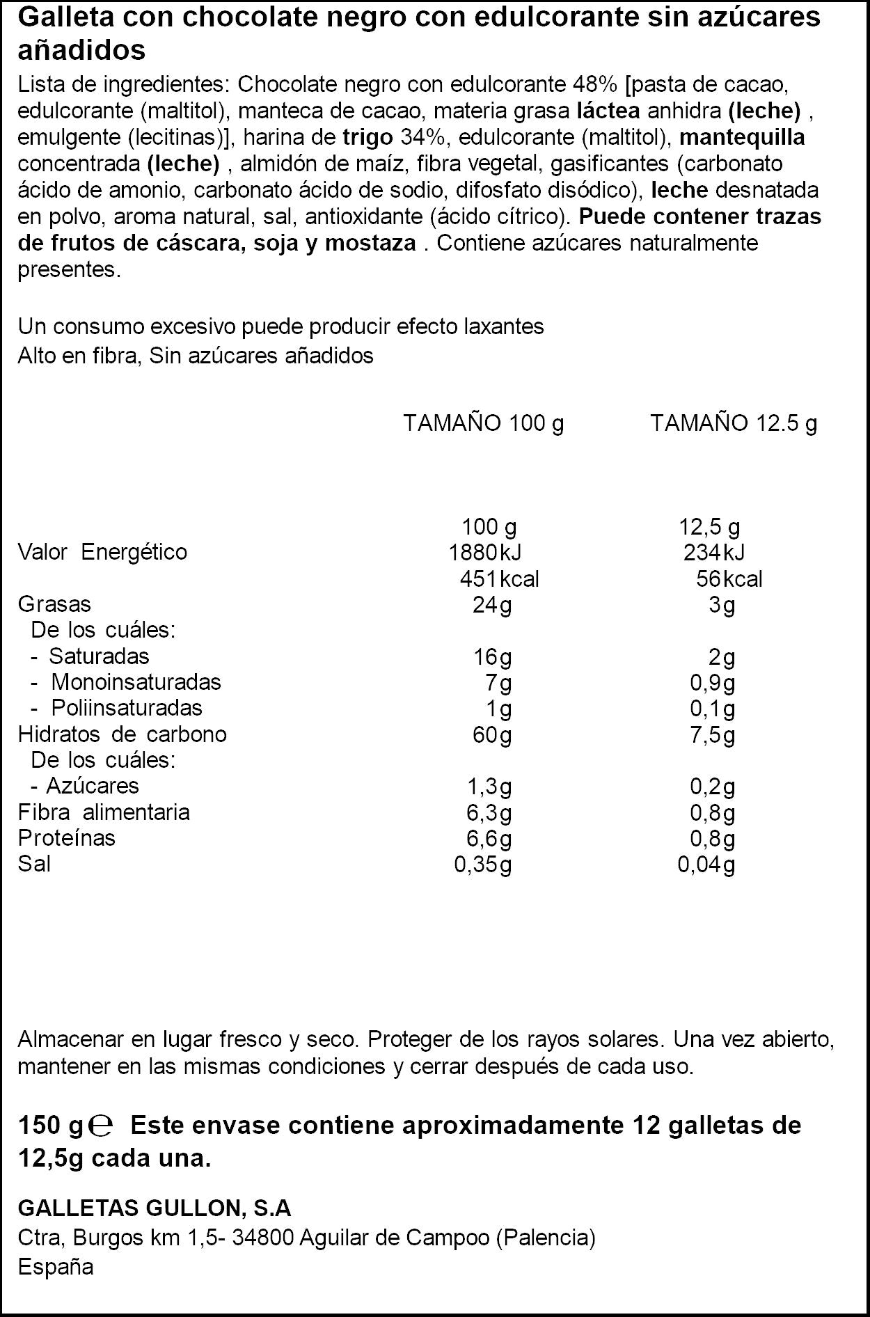 Galleta tableta choco s/az Gullón 150g