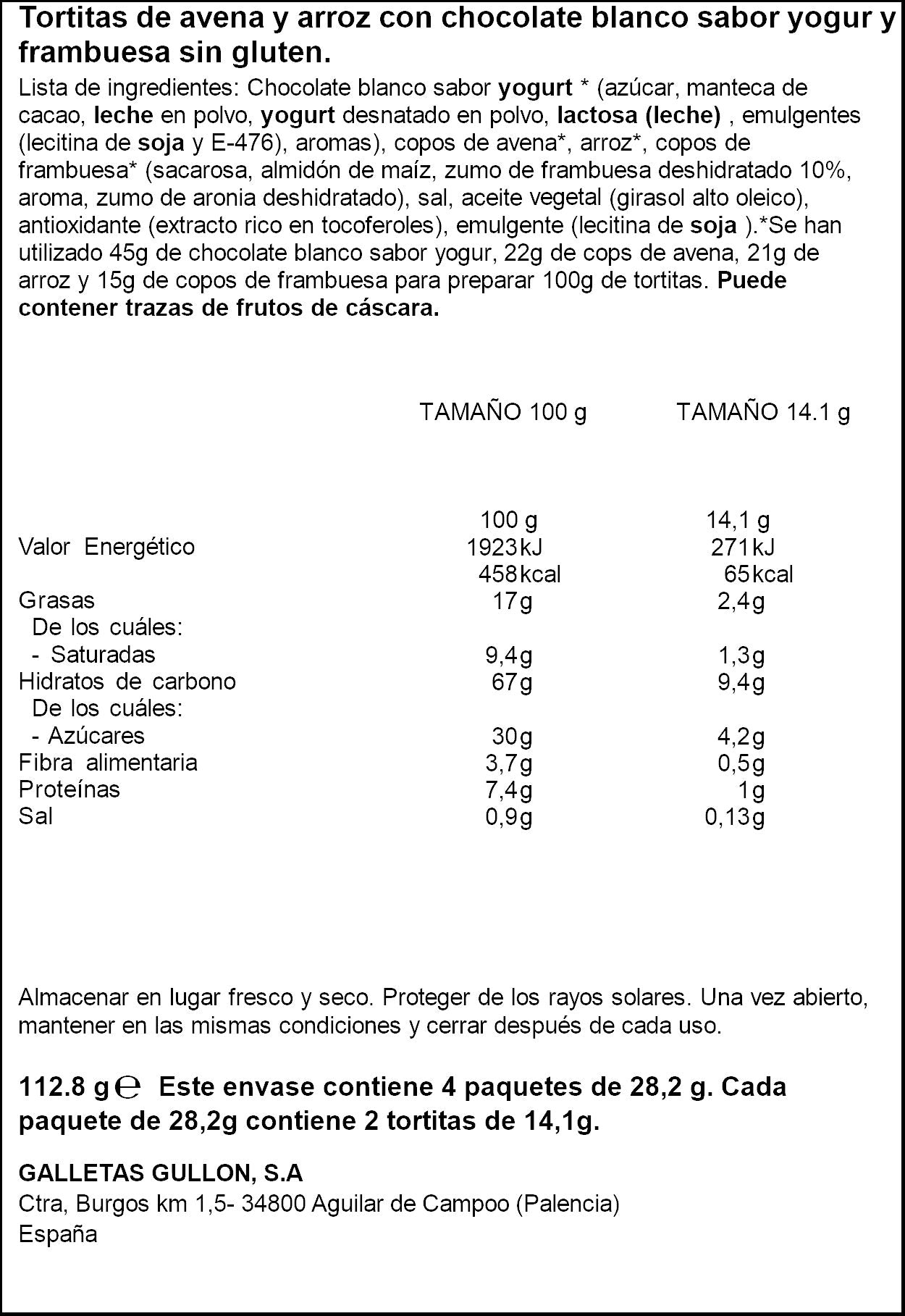 Tortitas avena y arroz yogur/frambuesa Gullón 112,8g