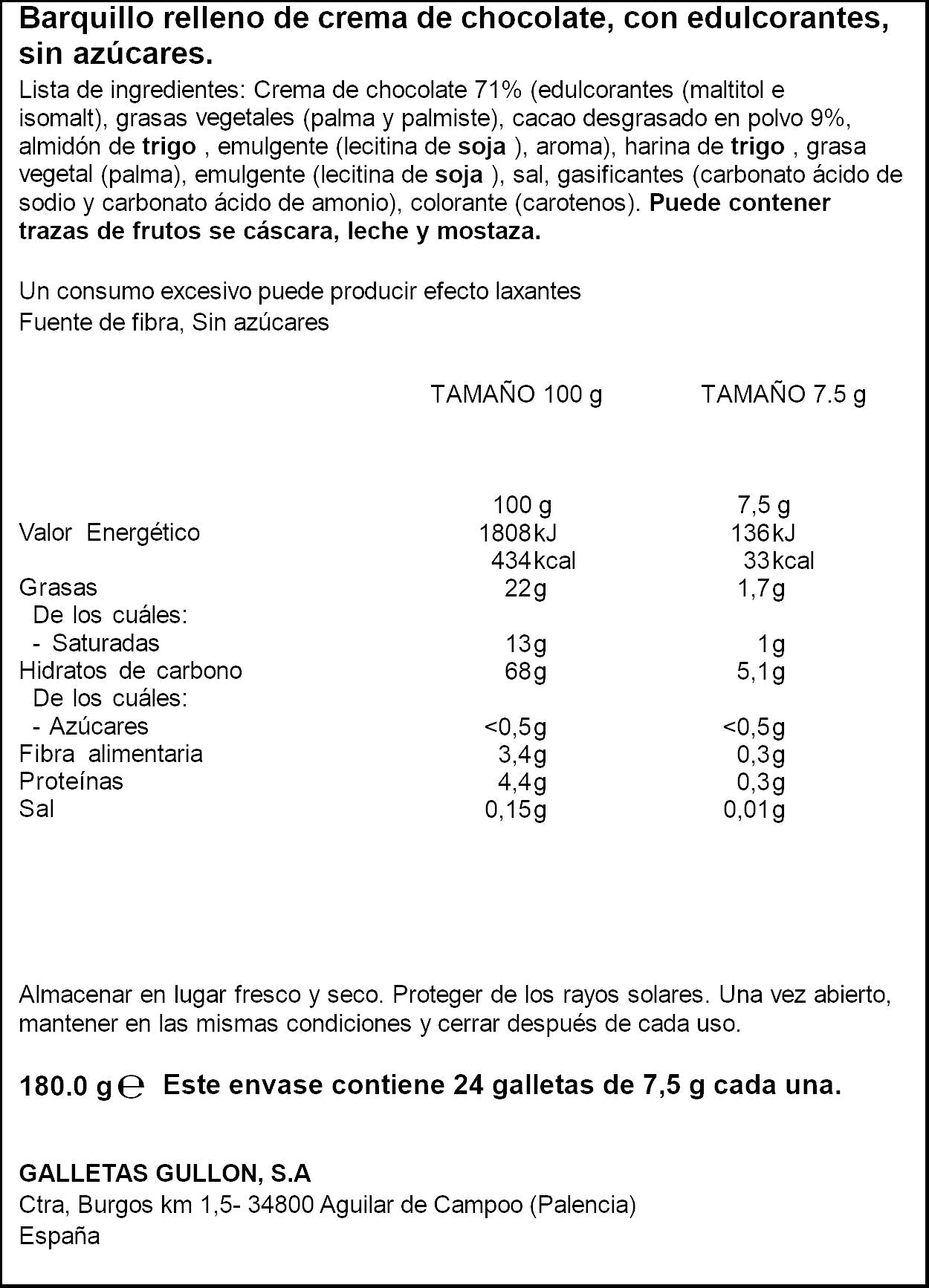 Galleta barquillo chocolate diet nature Gullón 180g