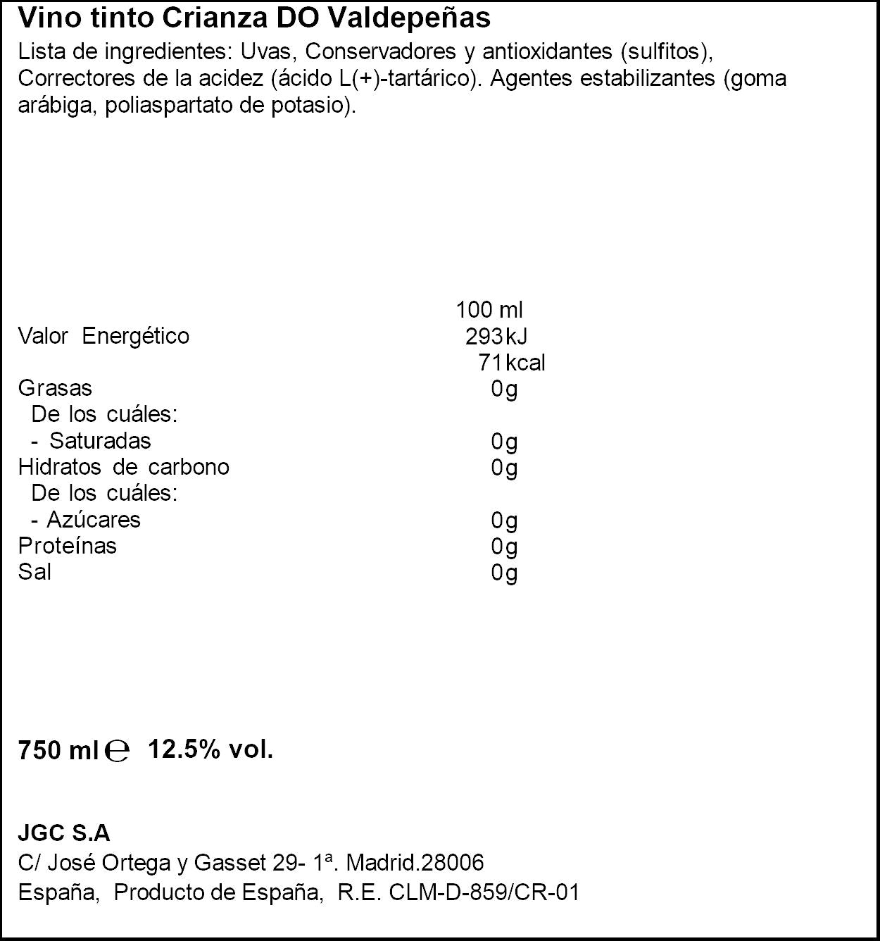 Vino tinto crianza valdepeñas Señorio llanos 750ml