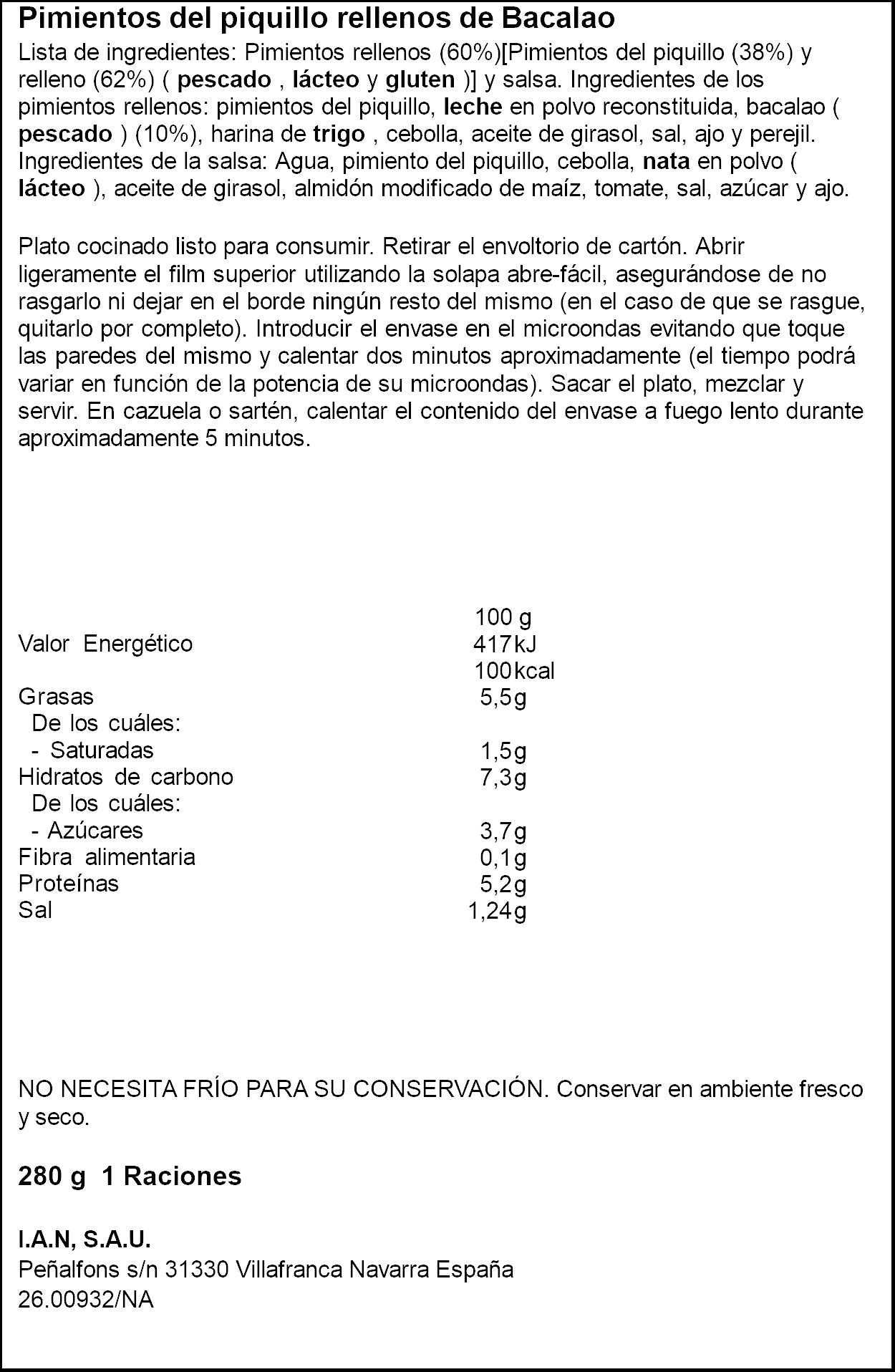 Pimientos de piquillo relleno bacalao Carretilla 280g