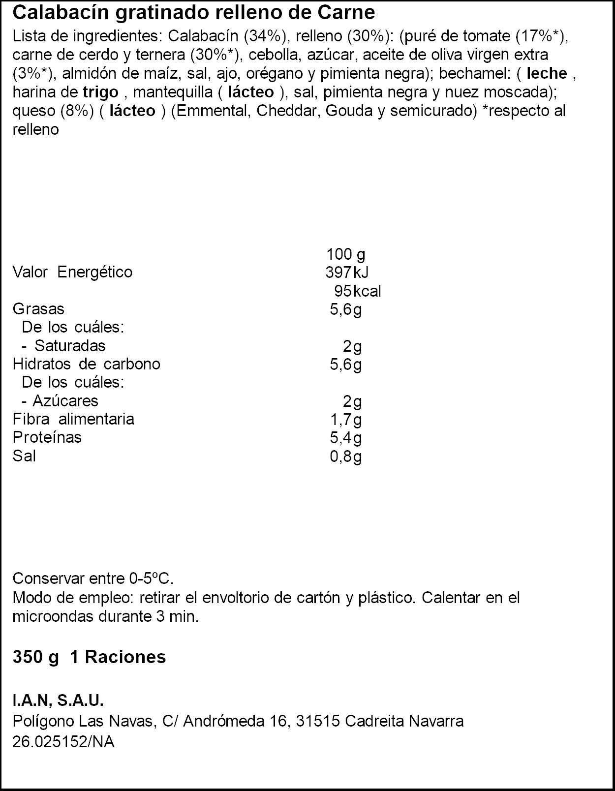 Calabacin gratinado relleno carne Carretilla 350g