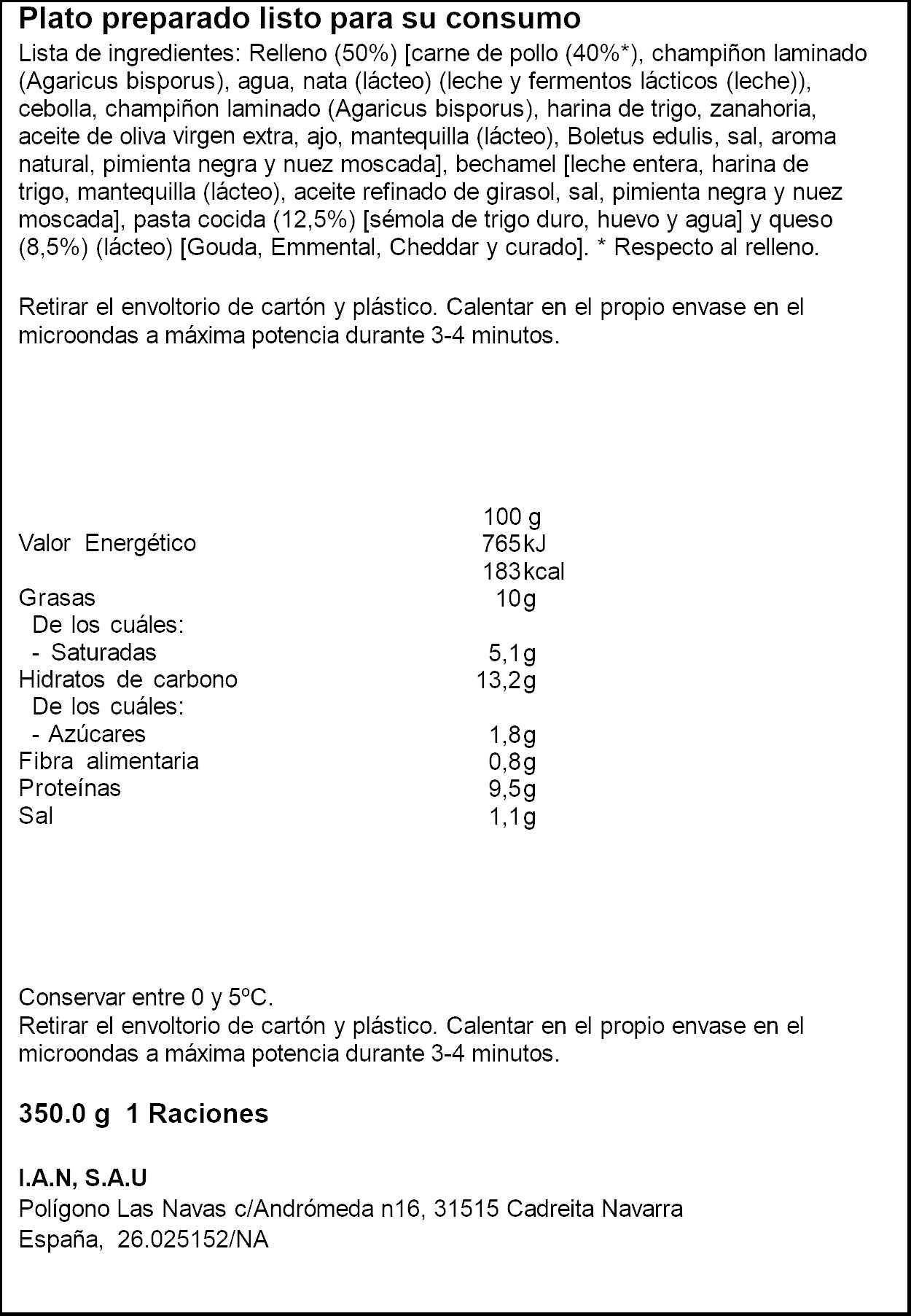 Lasaña pollo gratinada Carretilla 350g