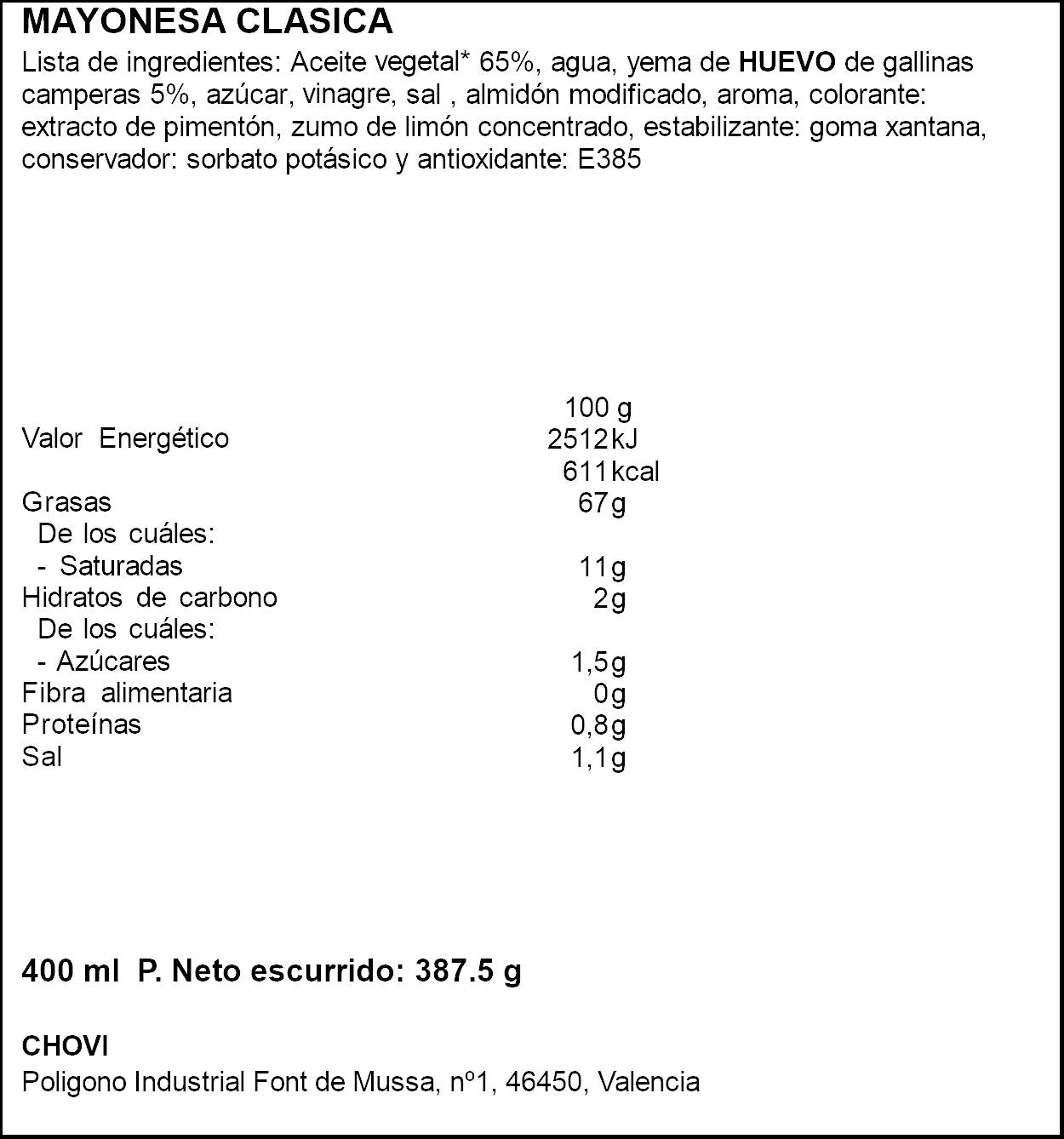 Mayonesa clásica cristal Chovi 400ml