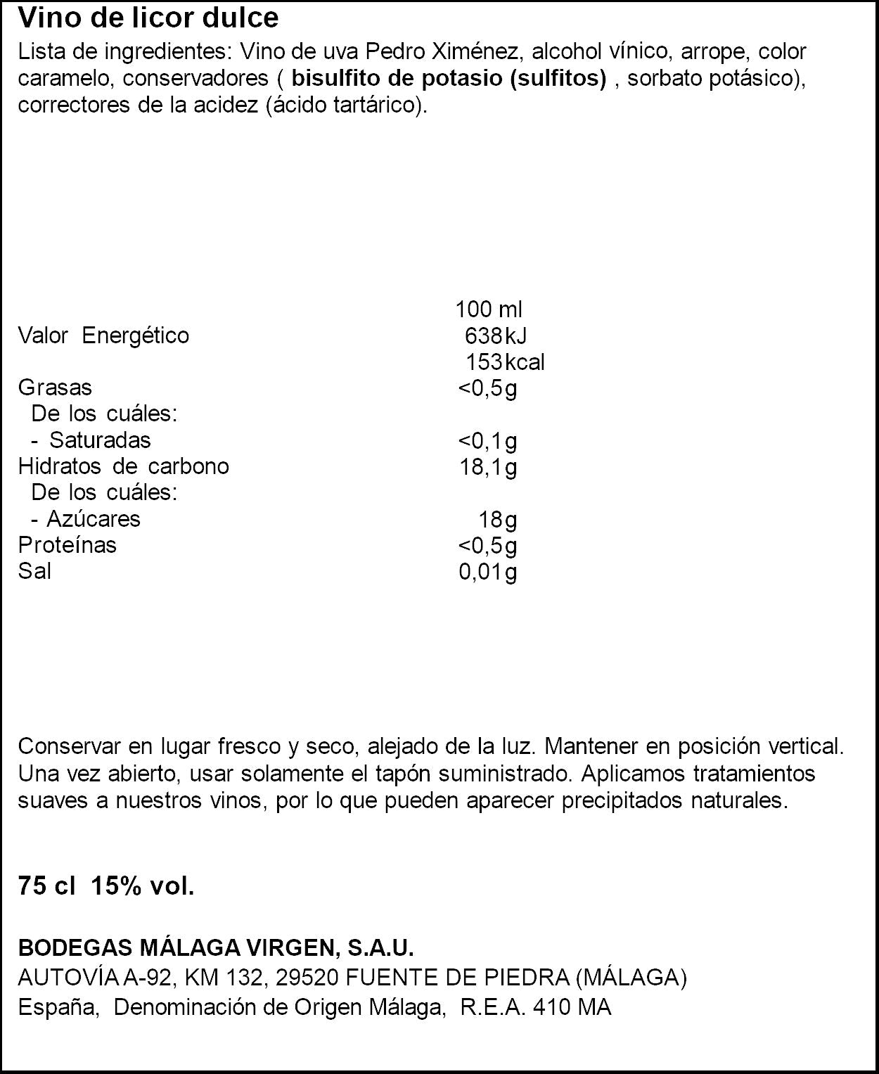 Vino dulce  Malaga Virgen 750ml