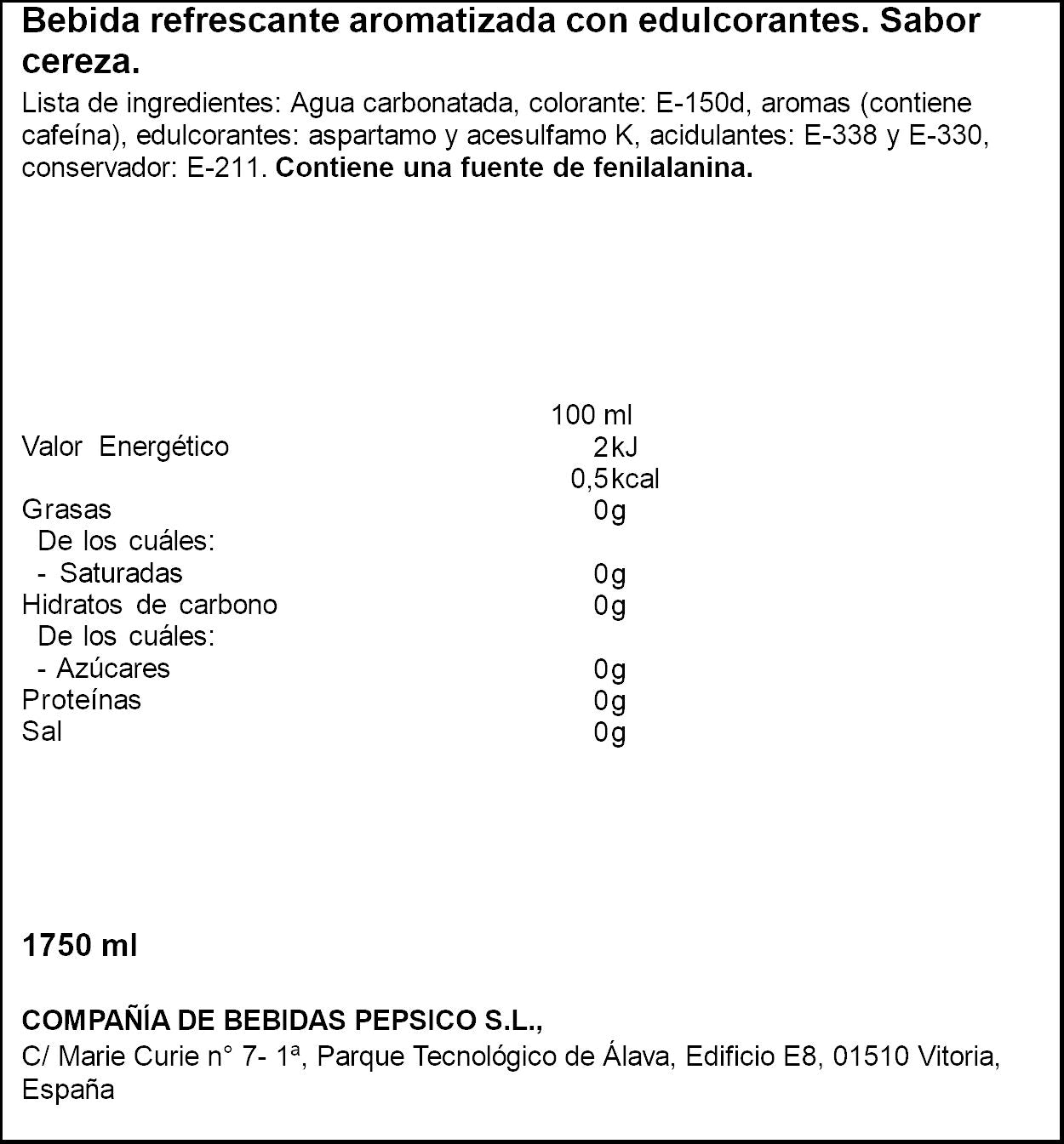 Refresco cola cherry s/azucar Pepsi 1.75l