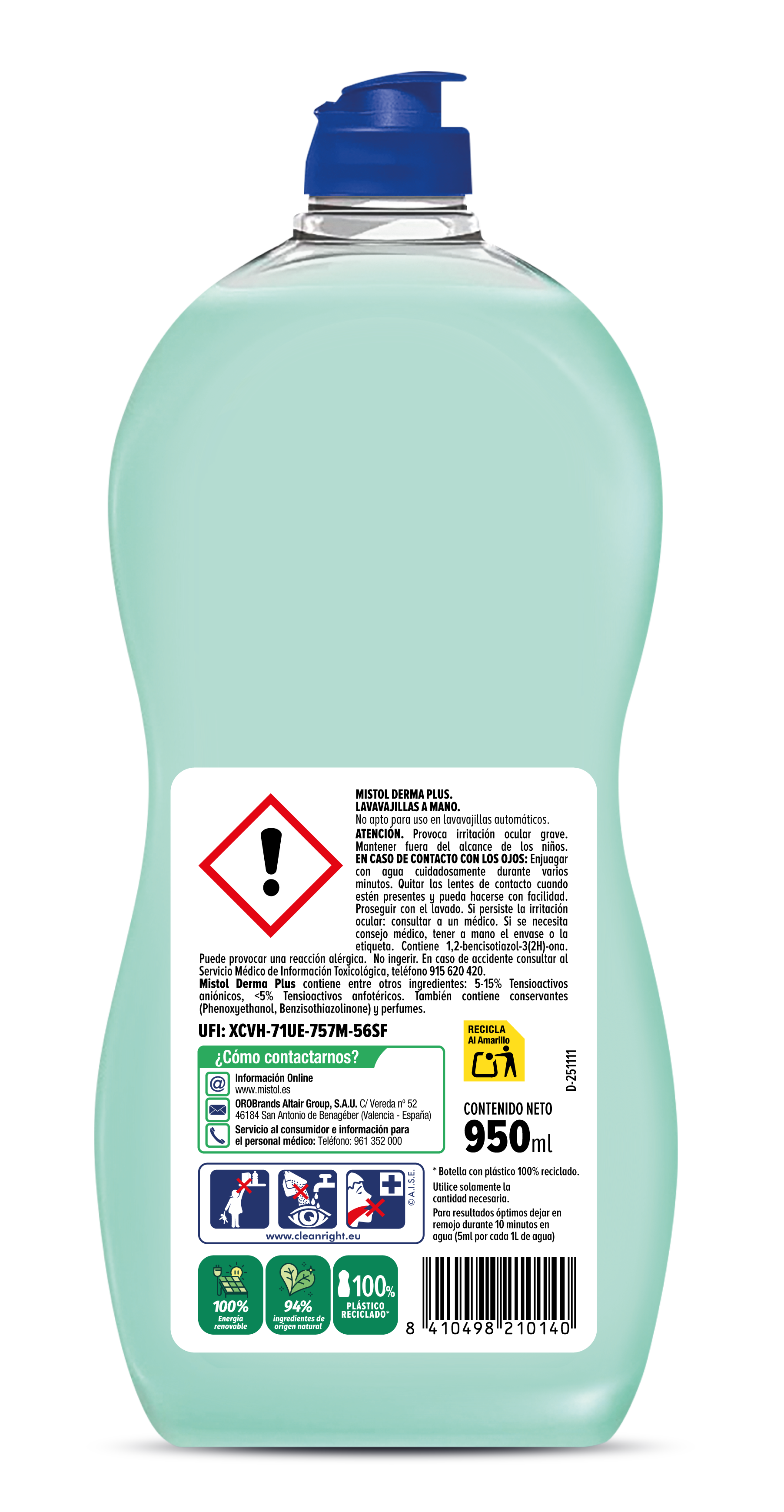 Lavavajilla concentrado derma plus Mistol 750+200ml gratis