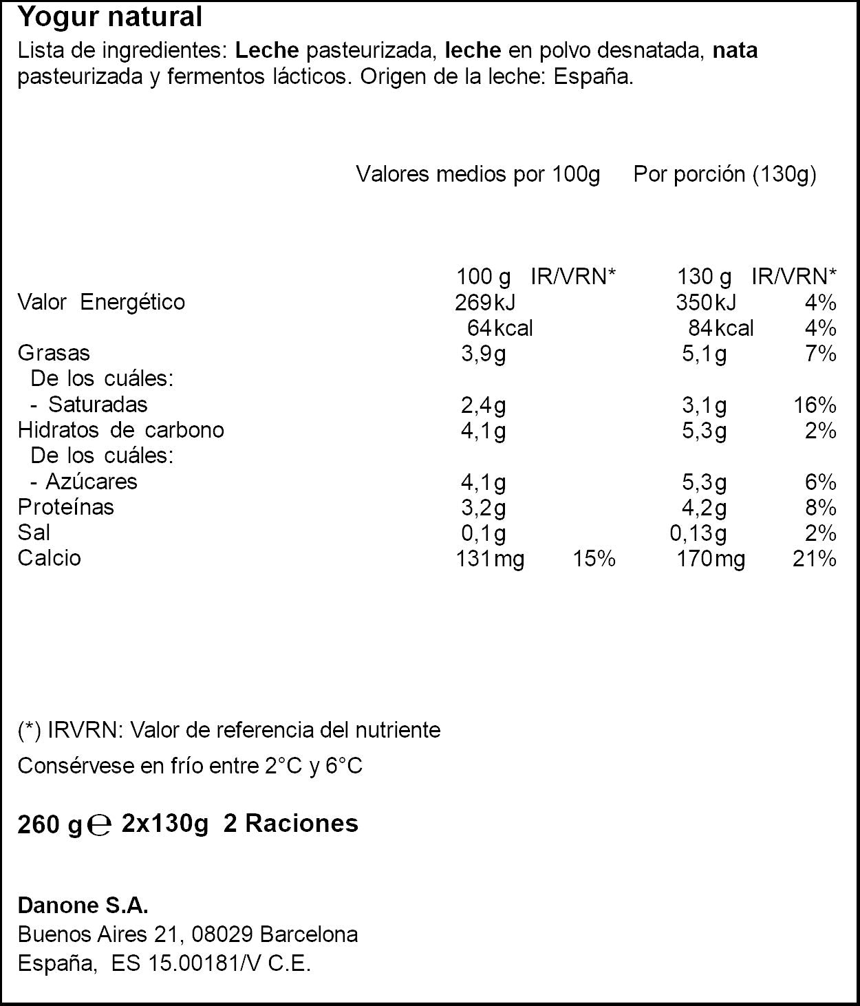 Yogur original natural cristal Danone p2 135g/u