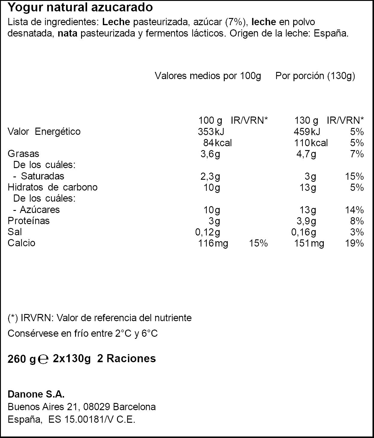 Yogur original natural azucarado cristal Danone p2 135g/u