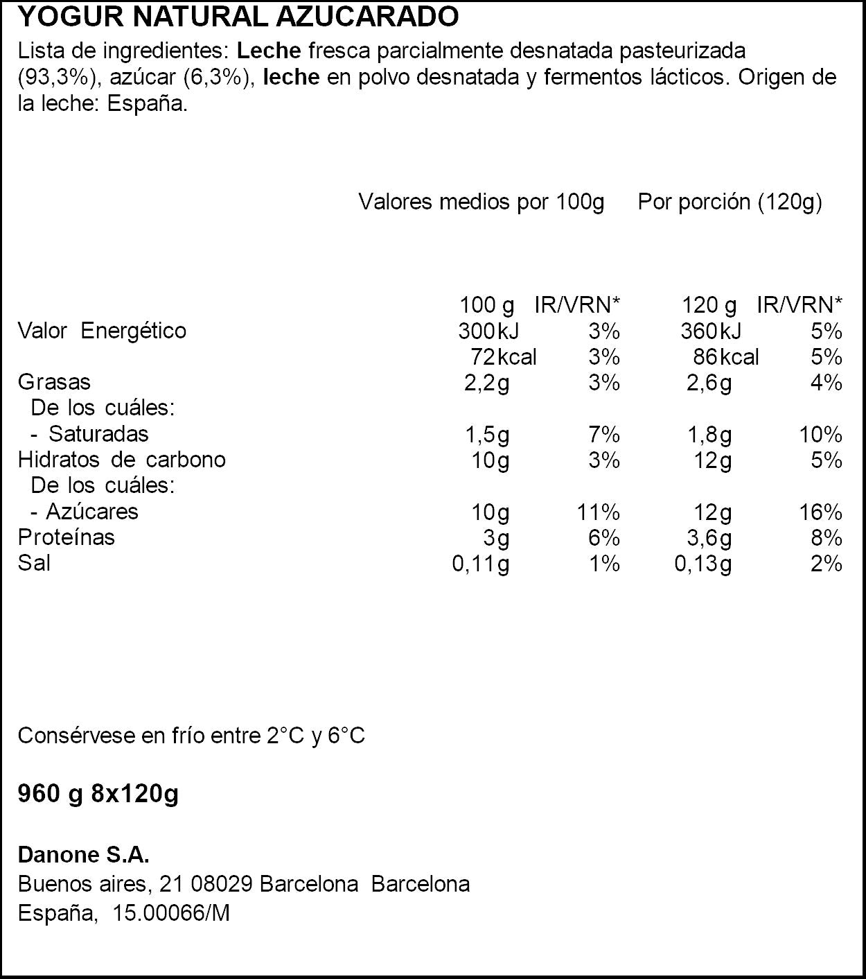 Yogur natural azucarado Danone p8 120g/u