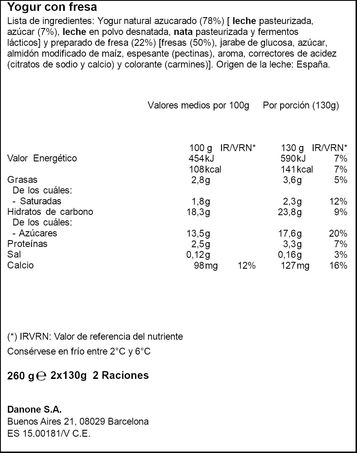 Yogur original c/fresas cristal Danone p2 135g/u