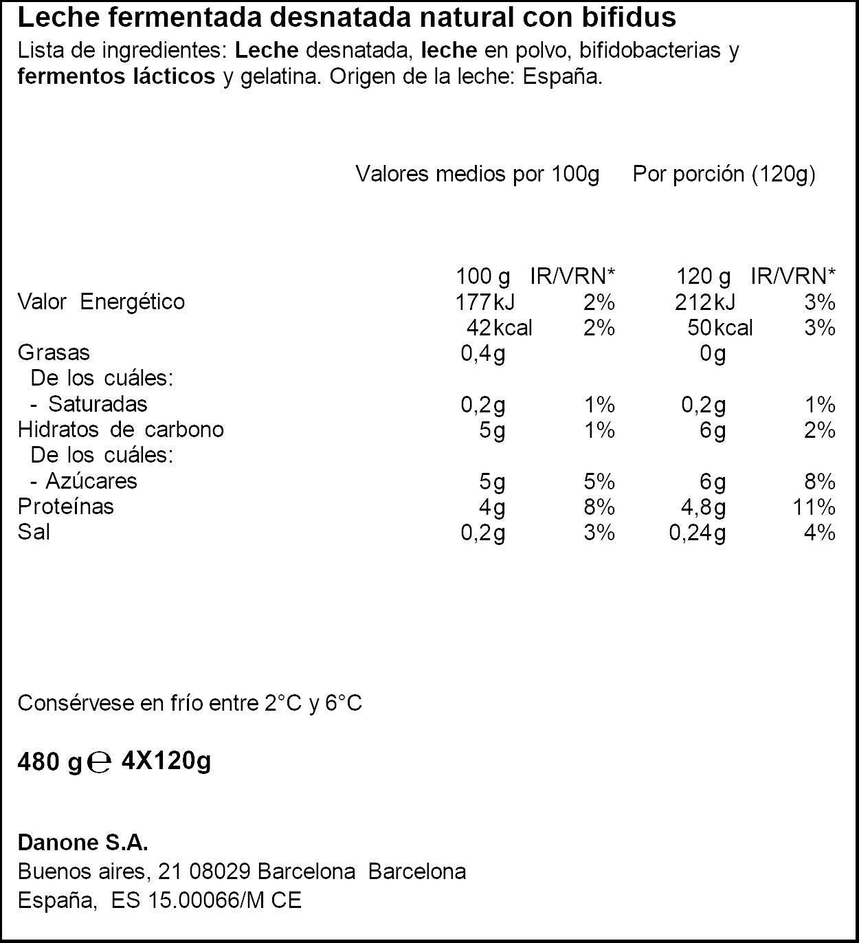 Yogur bifidus desnatado natural activia 0% Danone p4 120g/u