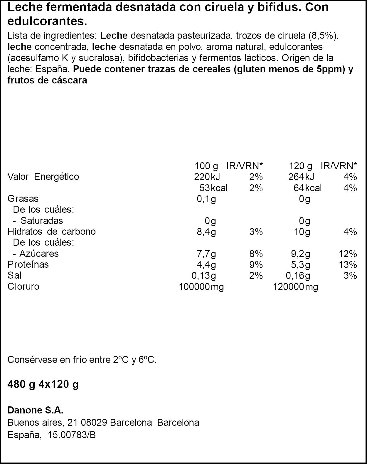 Yogur bifidus desnatado c/ciruela activia 0% Danone p4 125g/u