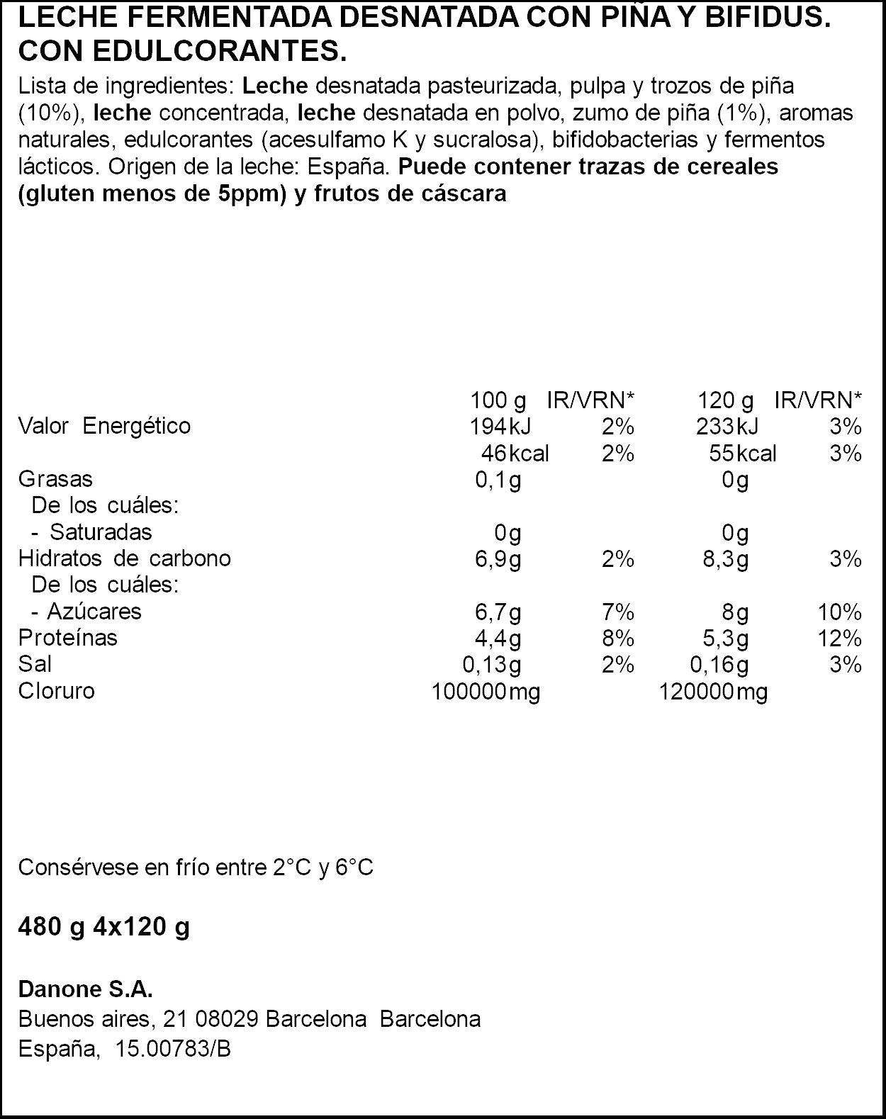 Yogur bifidus desnatado c/piña activia 0% Danone p4 125g/u