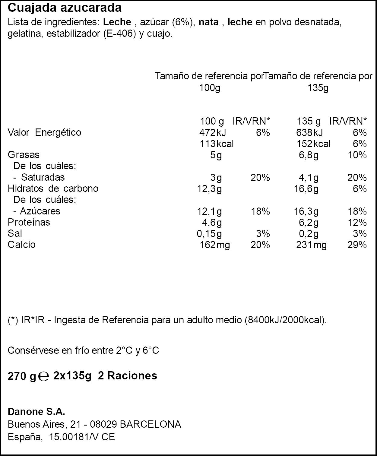 Cuajada natural con azúcar Danone p2 135g/u