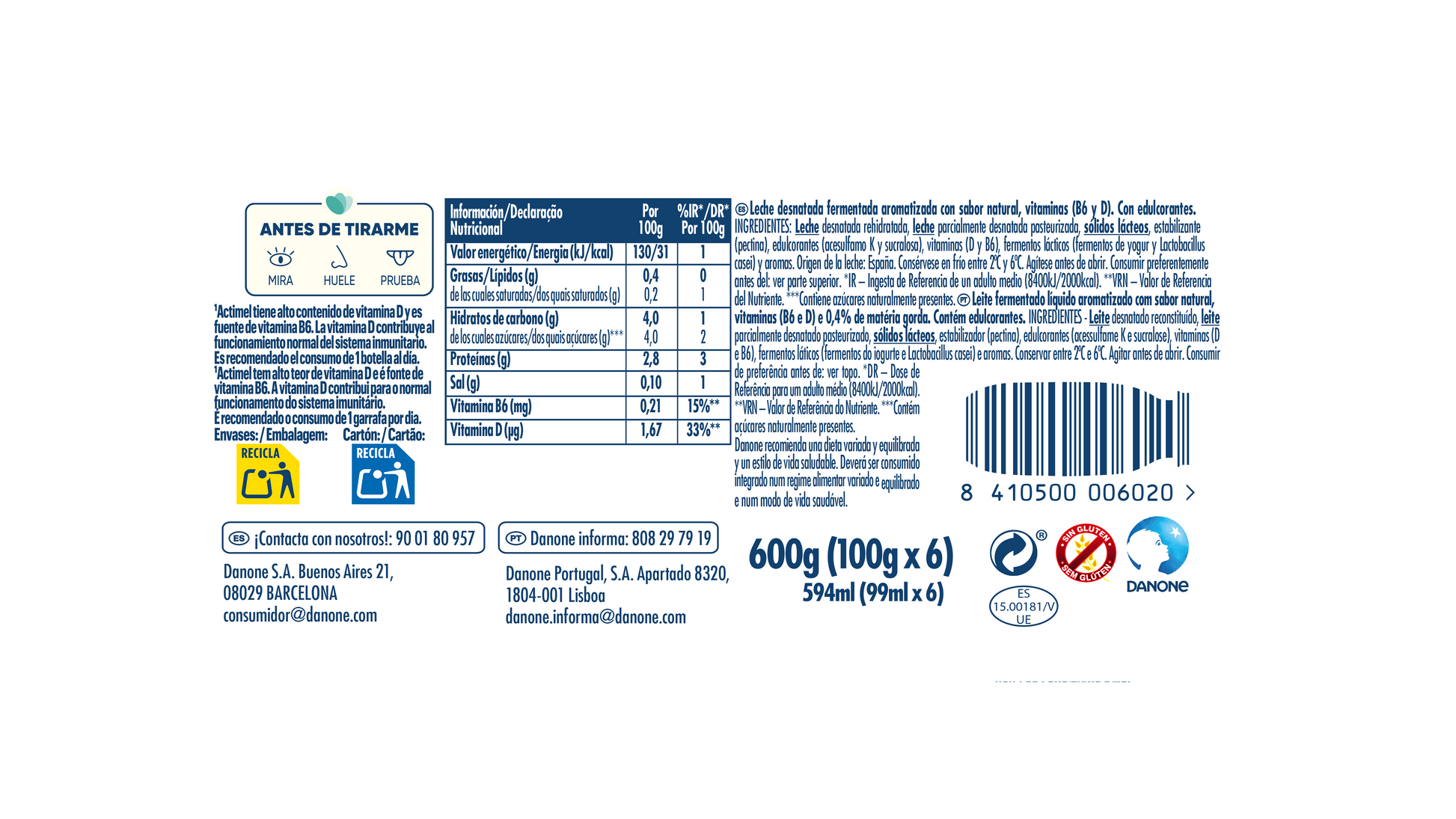 Yogur liquido desnatado natural actimel 0% Danone p6 100g/u