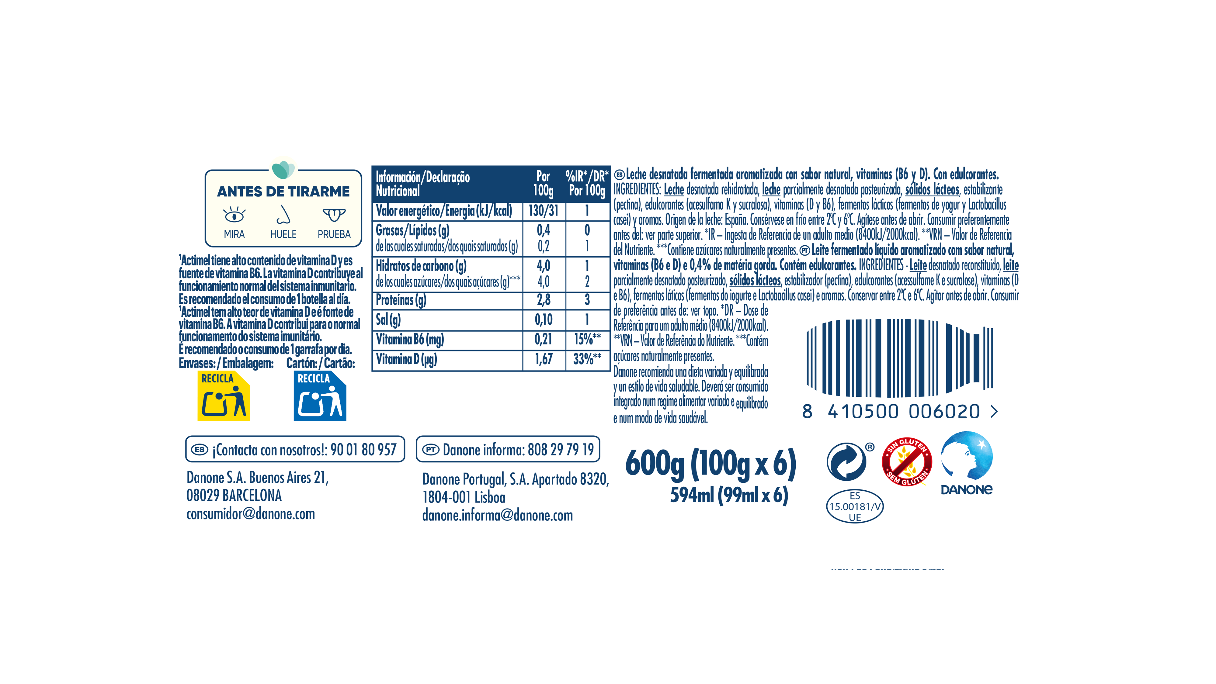 Yogur liquido desnatado natural actimel 0% Danone p6 100g/u