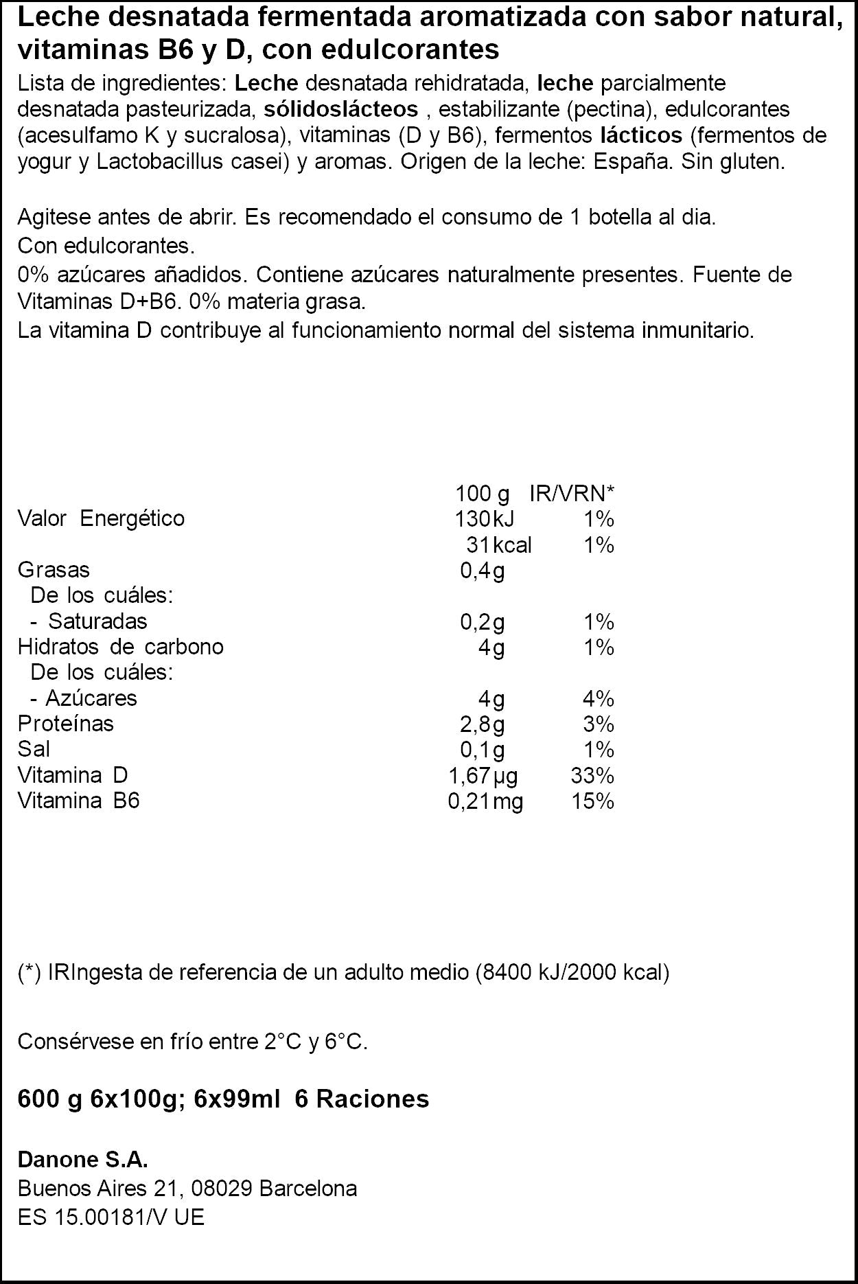 Yogur liquido desnatado natural actimel 0% Danone p6 100g/u