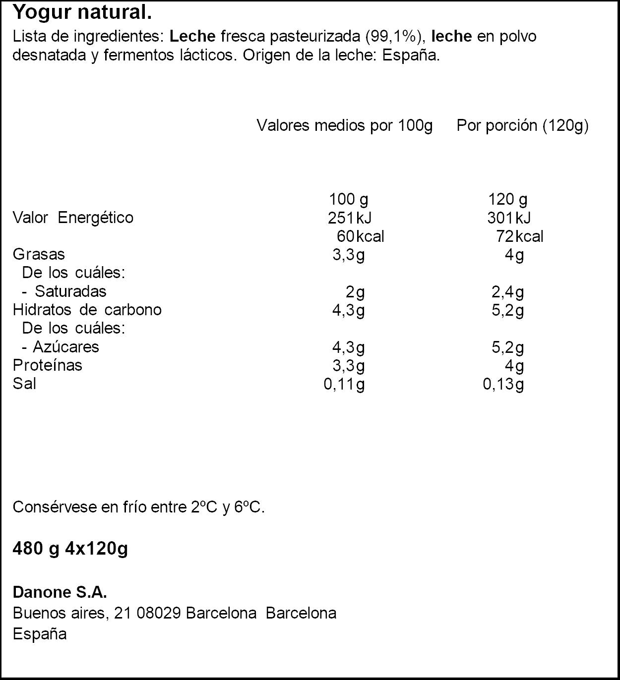 Yogur natural Danone p4 120g/u