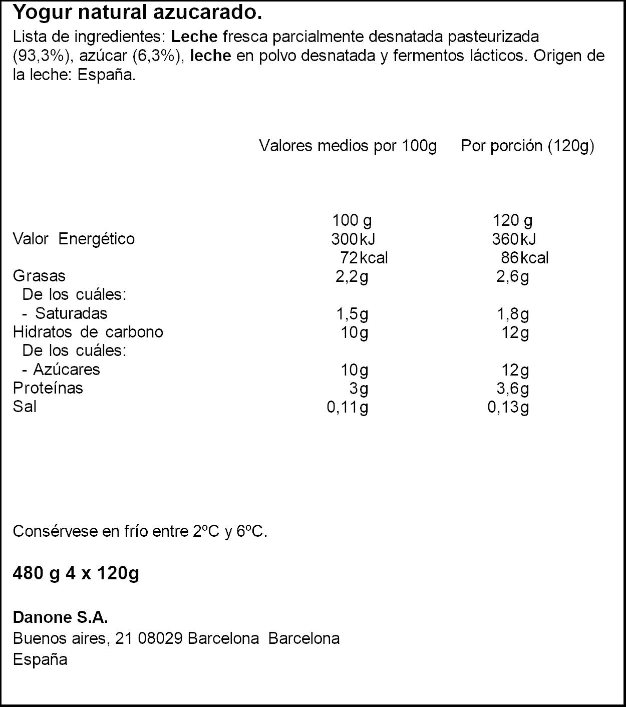 Yogur natural azucarado Danone p4 120g/u