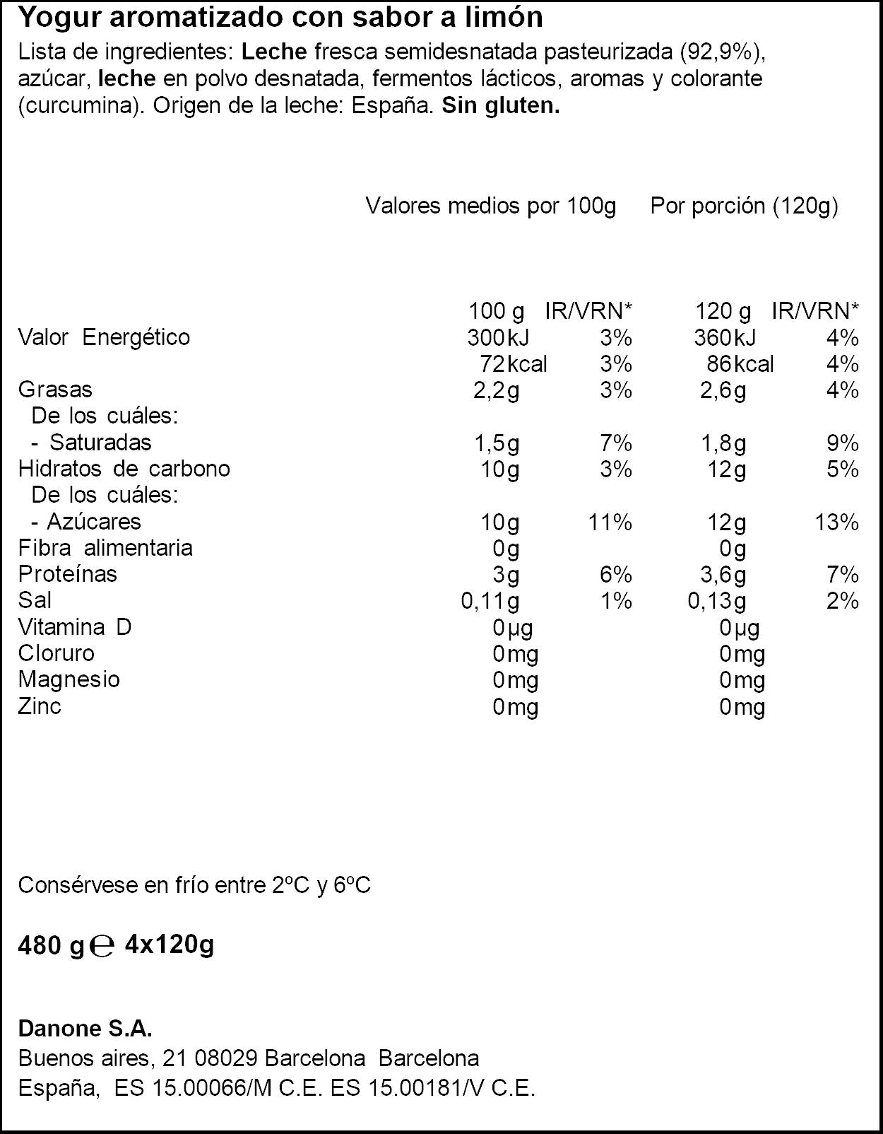Yogur limon Danone p4 120g/u