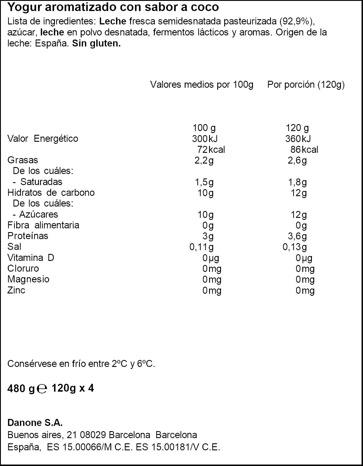 Yogur coco Danone p4 120g/u