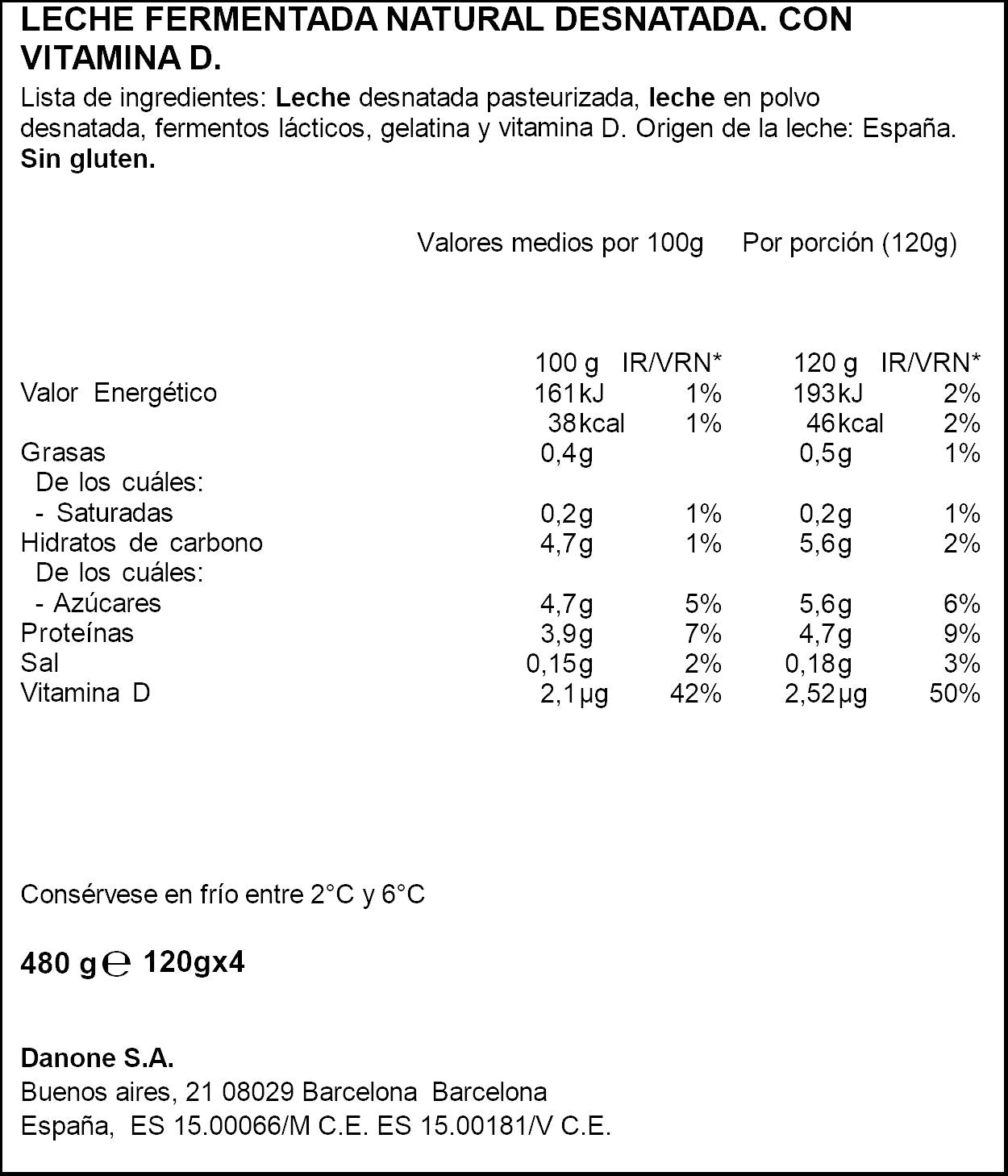 Yogur desnatado natural vitalinea 0% Danone p4 125g/u