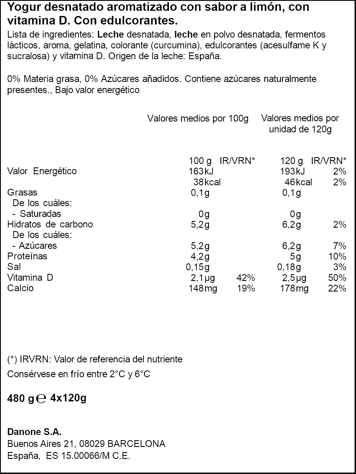Yogur desnatado limon vitalinea 0% Danone p4 125g/u