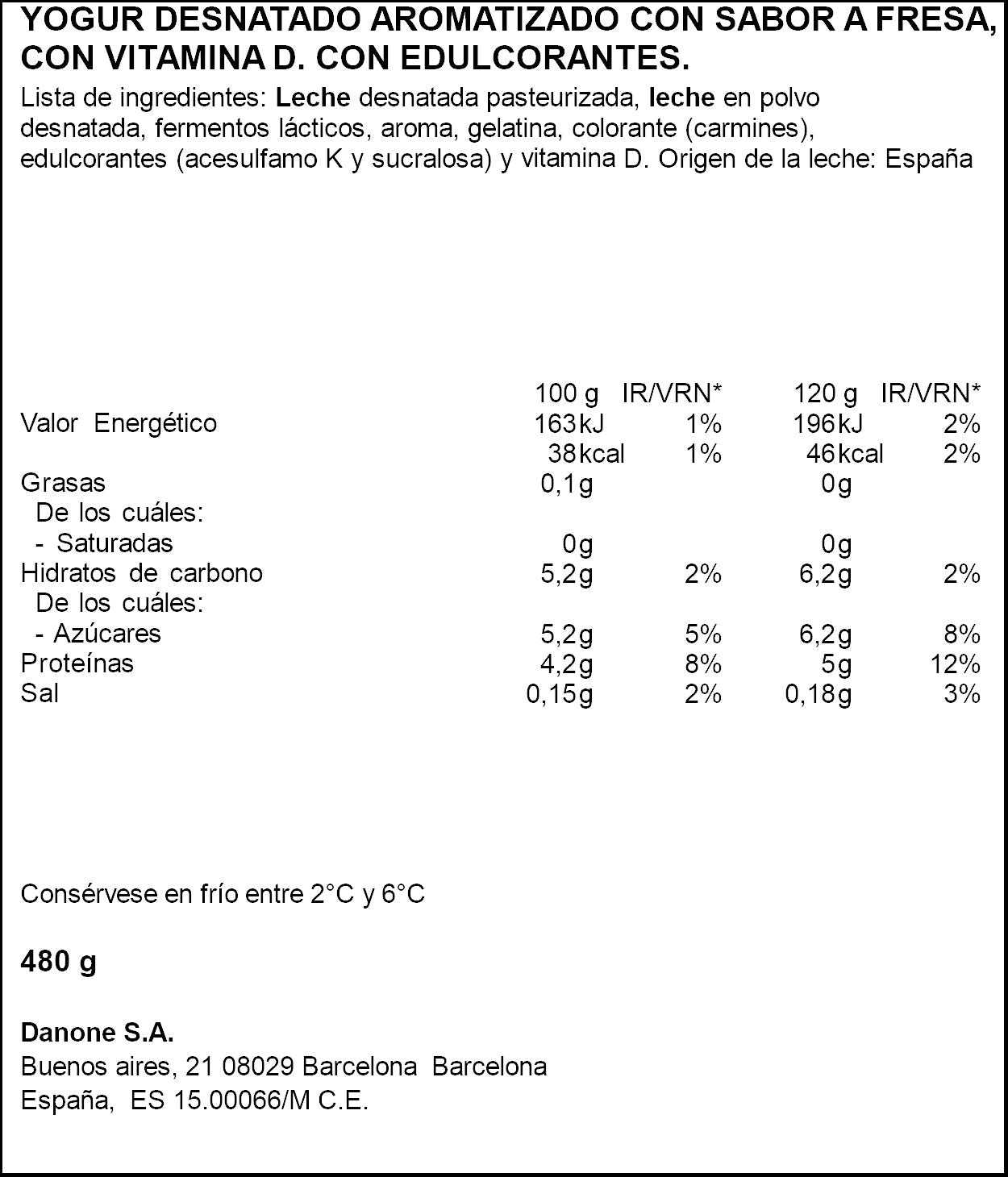 Yogur desnatado fresa vitalinea 0% Danone p4 125g/u