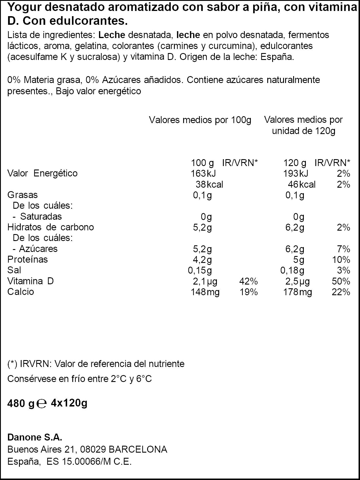 Yogur desnatado piña vitalinea 0% Danone p4 125g/u
