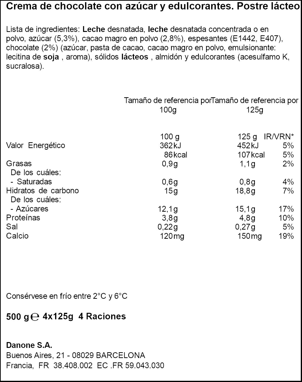 Crema choco negro vitalinea Danone p4 125g/u