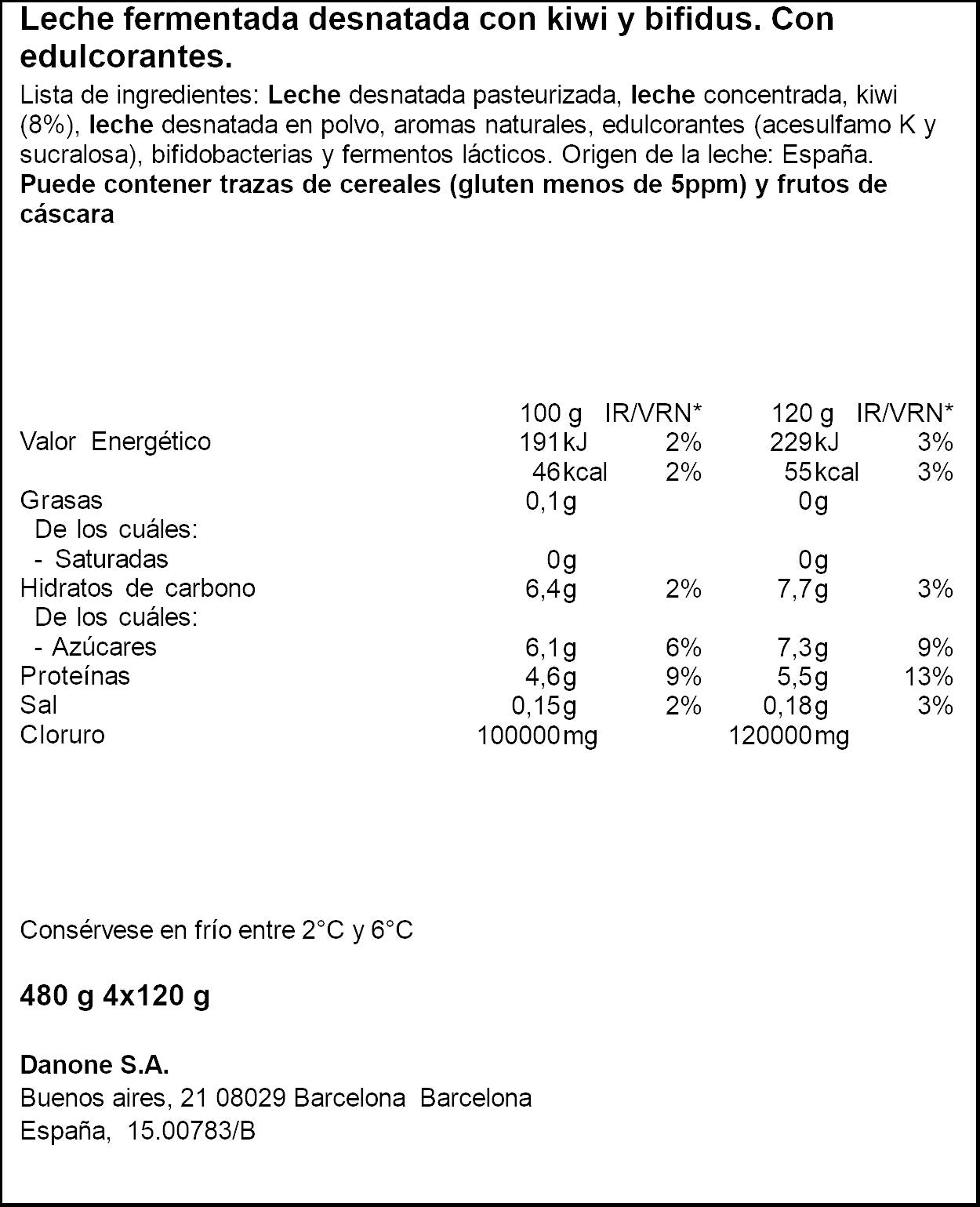 Yogur bifidus desnatado c/kiwi activia 0% Danone p4 125g/u