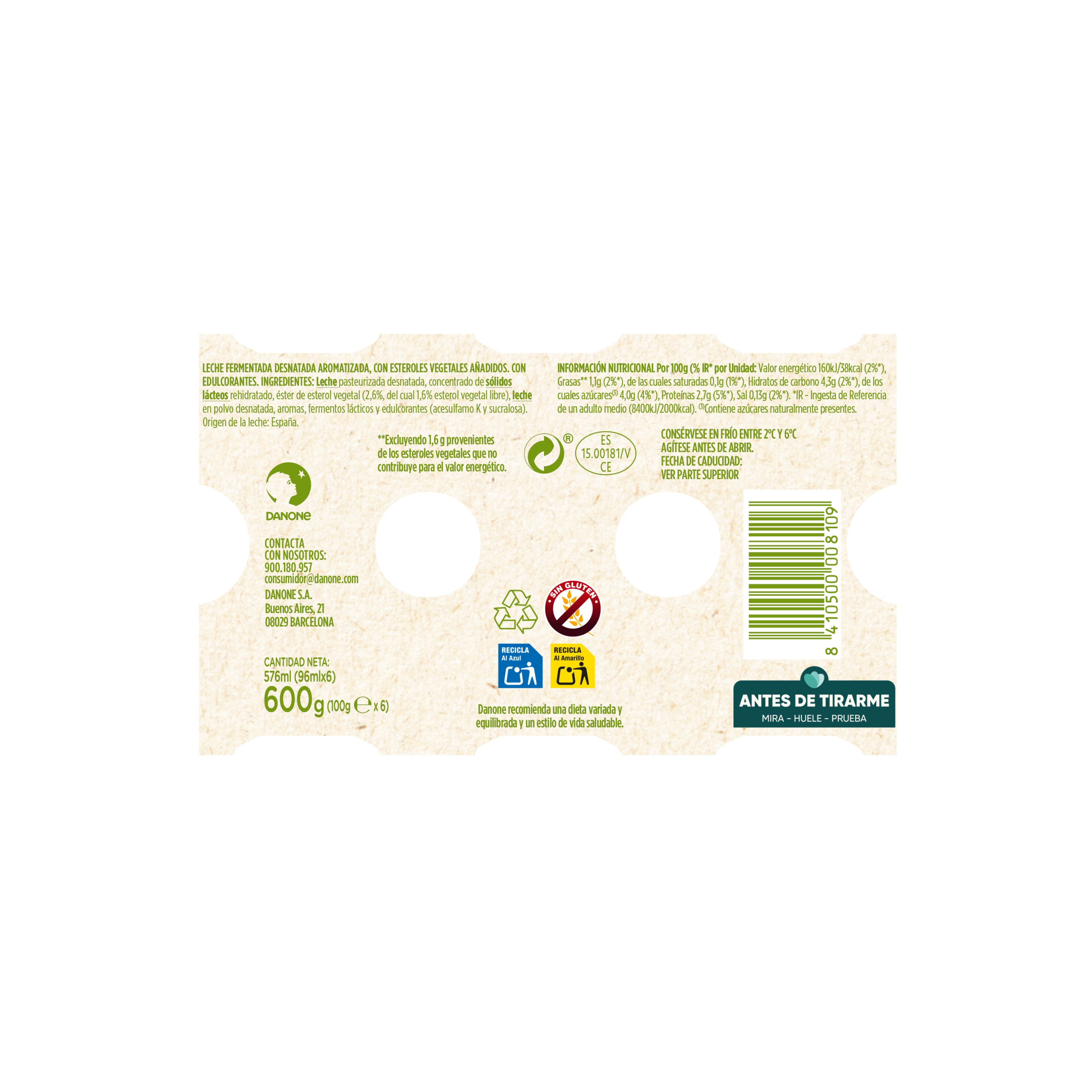 Yogur liquido natural danacol 0% Danone p6 100g/u