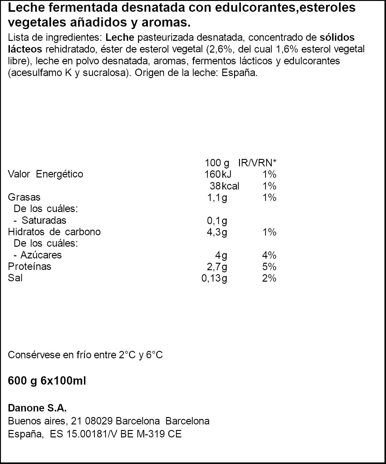 Yogur liquido natural danacol 0% Danone p6 100g/u