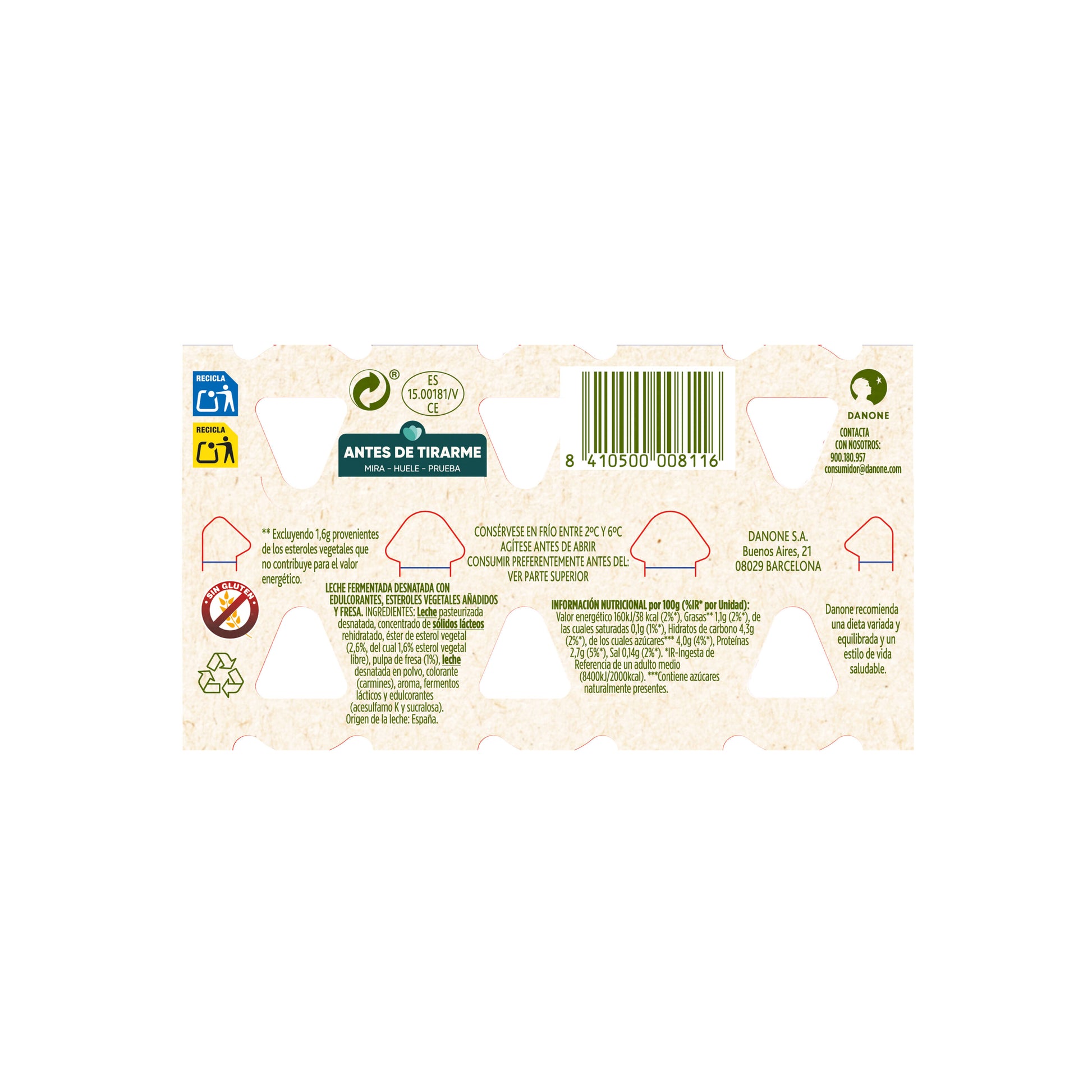 Yogur liquido fresa danacol 0% Danone p6 100g/u
