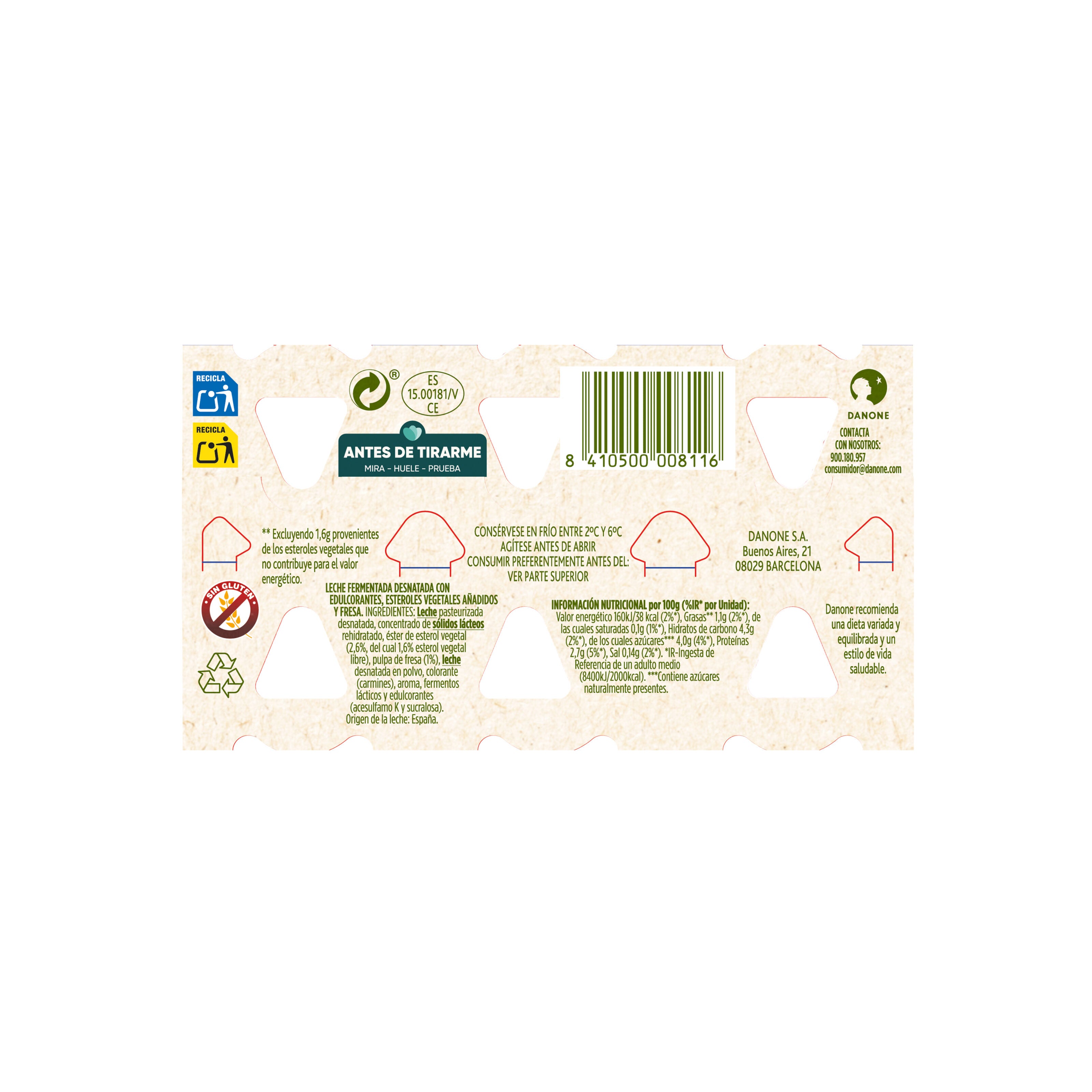 Yogur liquido fresa danacol 0% Danone p6 100g/u