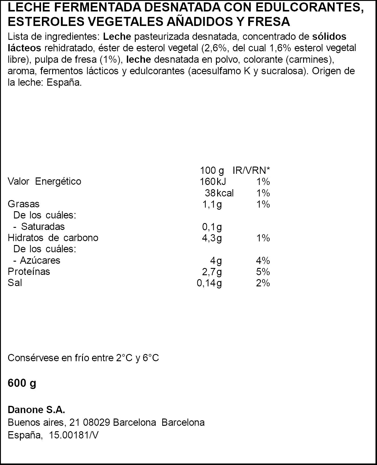 Yogur liquido fresa danacol 0% Danone p6 100g/u