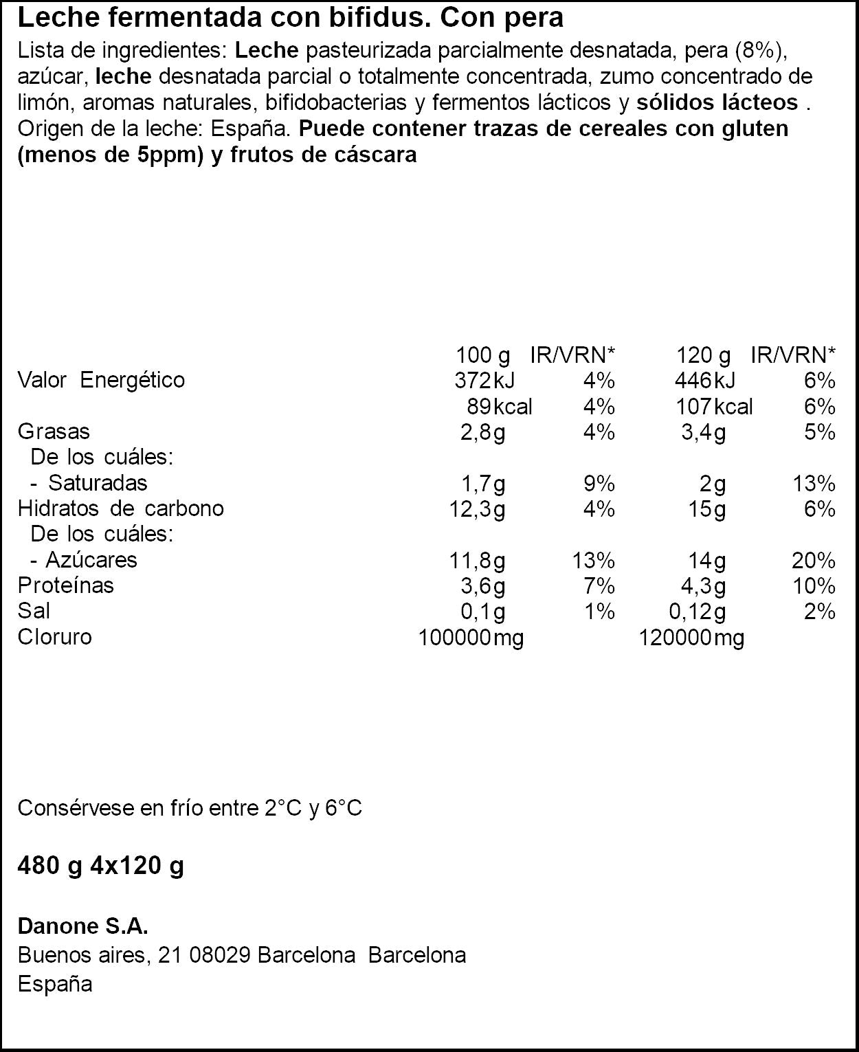 Yogur bifidus c/pera activia Danone p4 125g/u