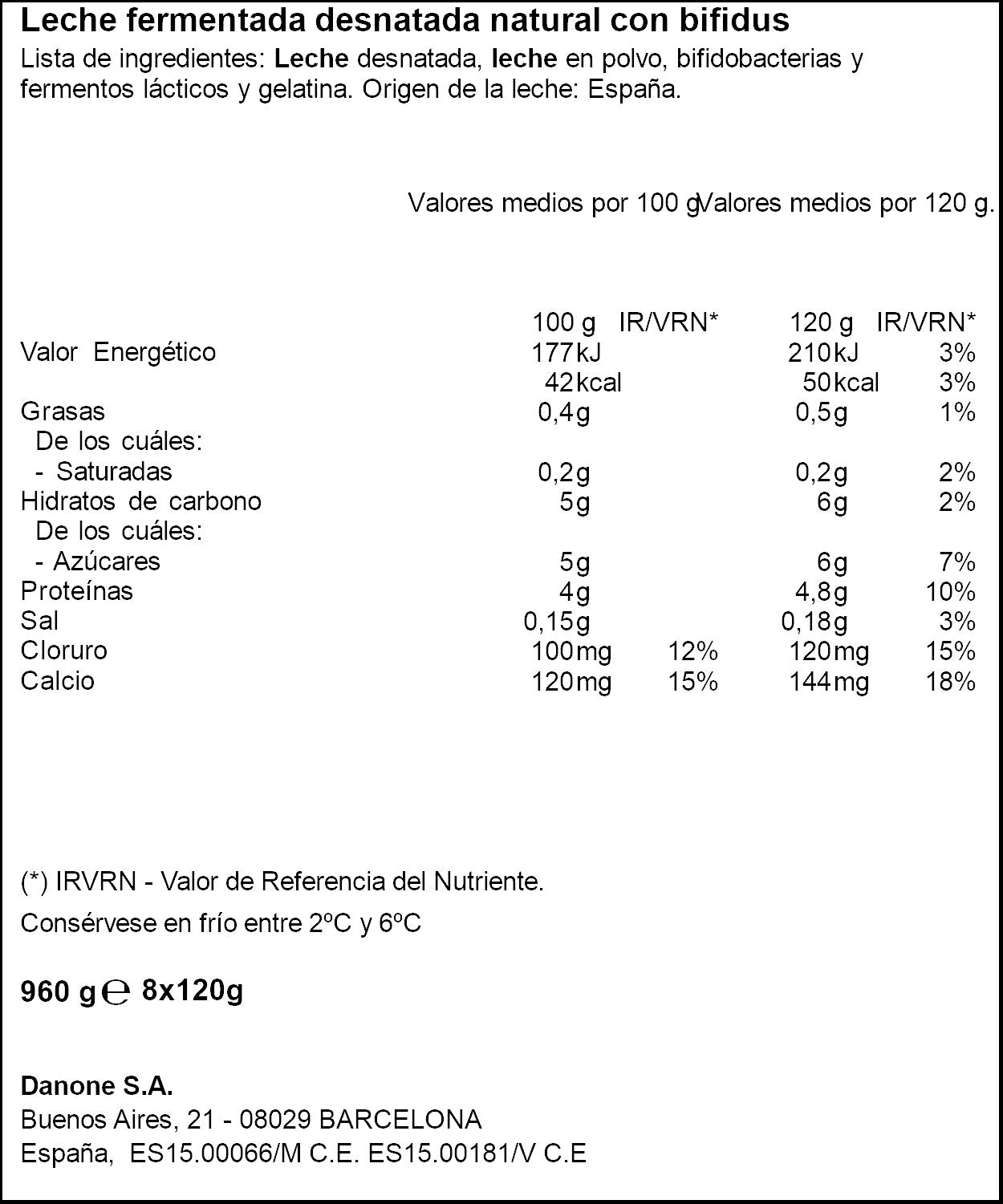 Yogur bifidus desnatado natural activia 0% Danone p8 120g/u