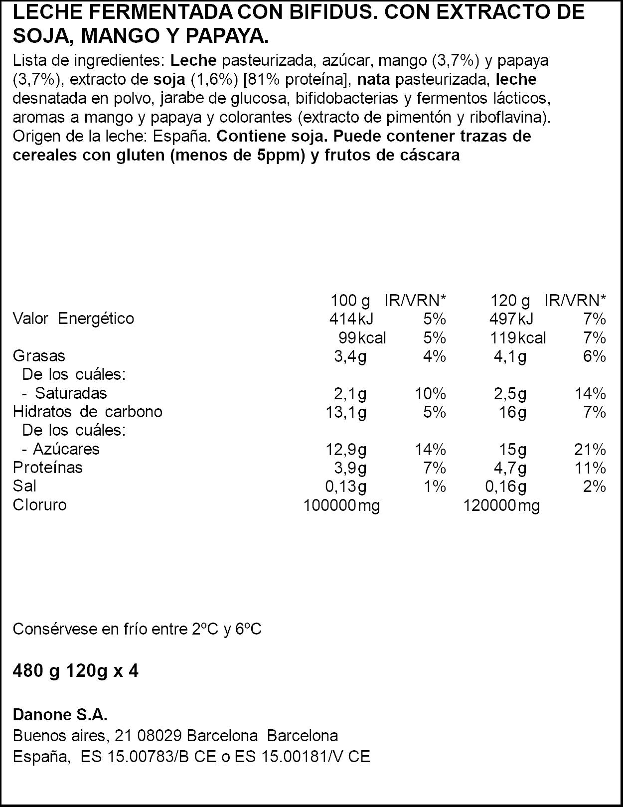 Yogur bifidus mang/papa c/soja activia Danone p4 125g/u