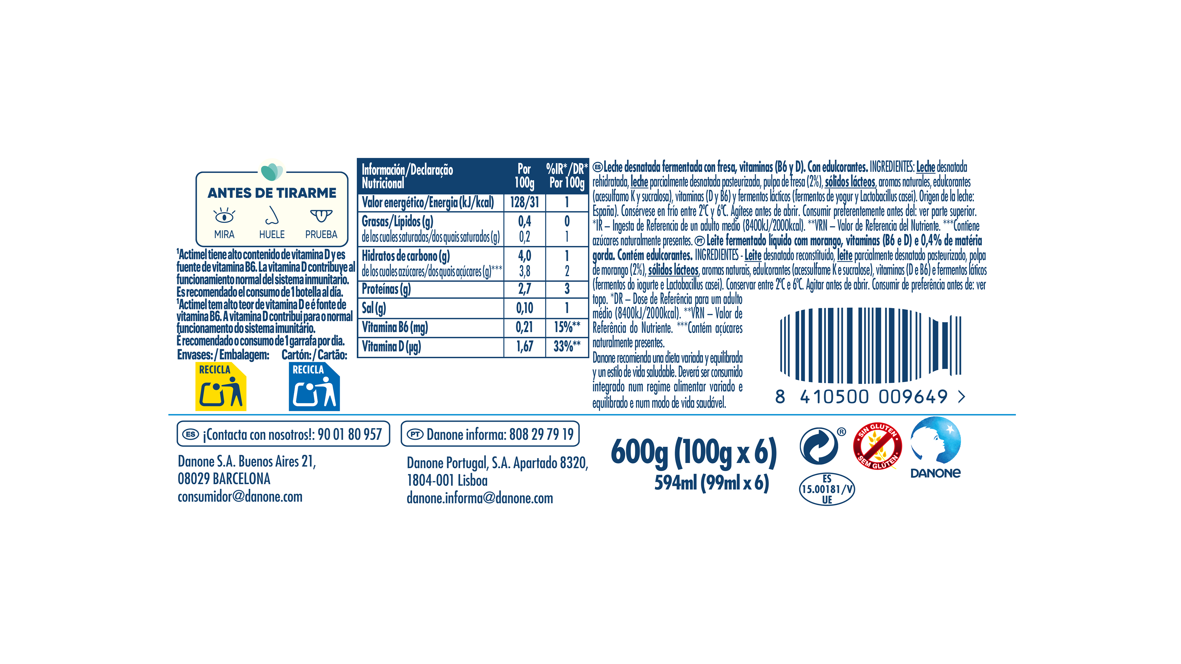Yogur liquido fresa actimel 0% Danone p6 100g/u