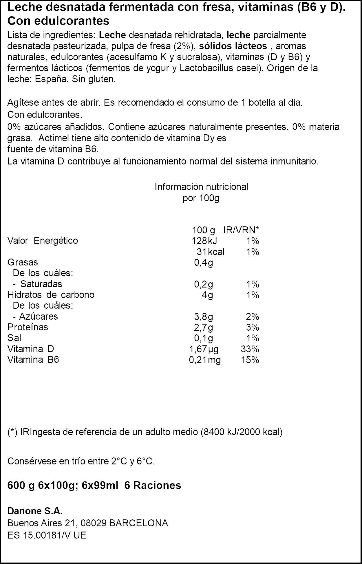 Yogur liquido fresa actimel 0% Danone p6 100g/u