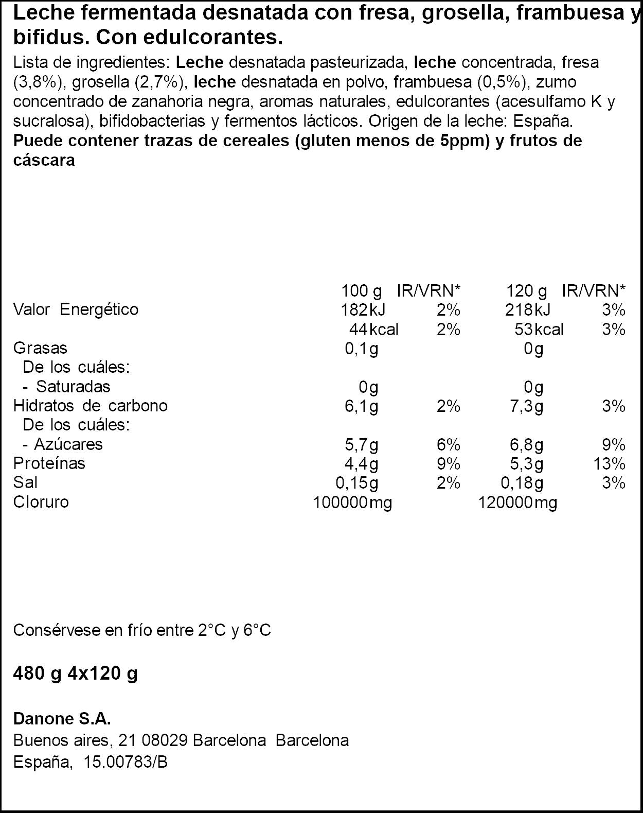 Yogur bifidus desnatado frutos rojos activia 0% Danone p4 125g/u