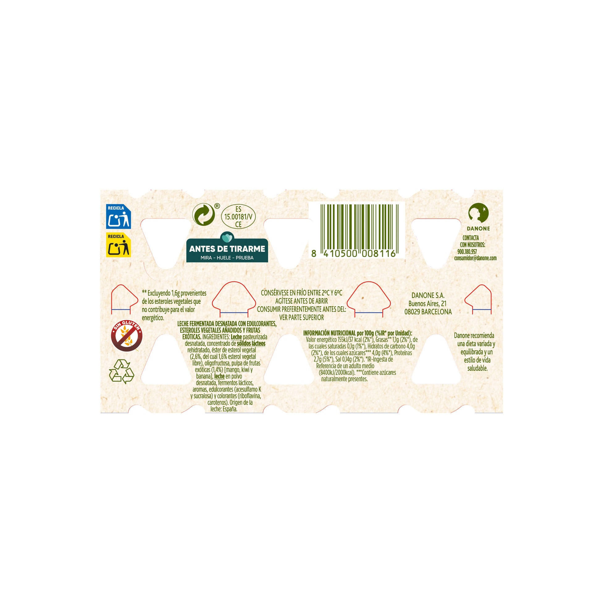 Yogur liquido tropical danacol 0% Danone p6 100g/u