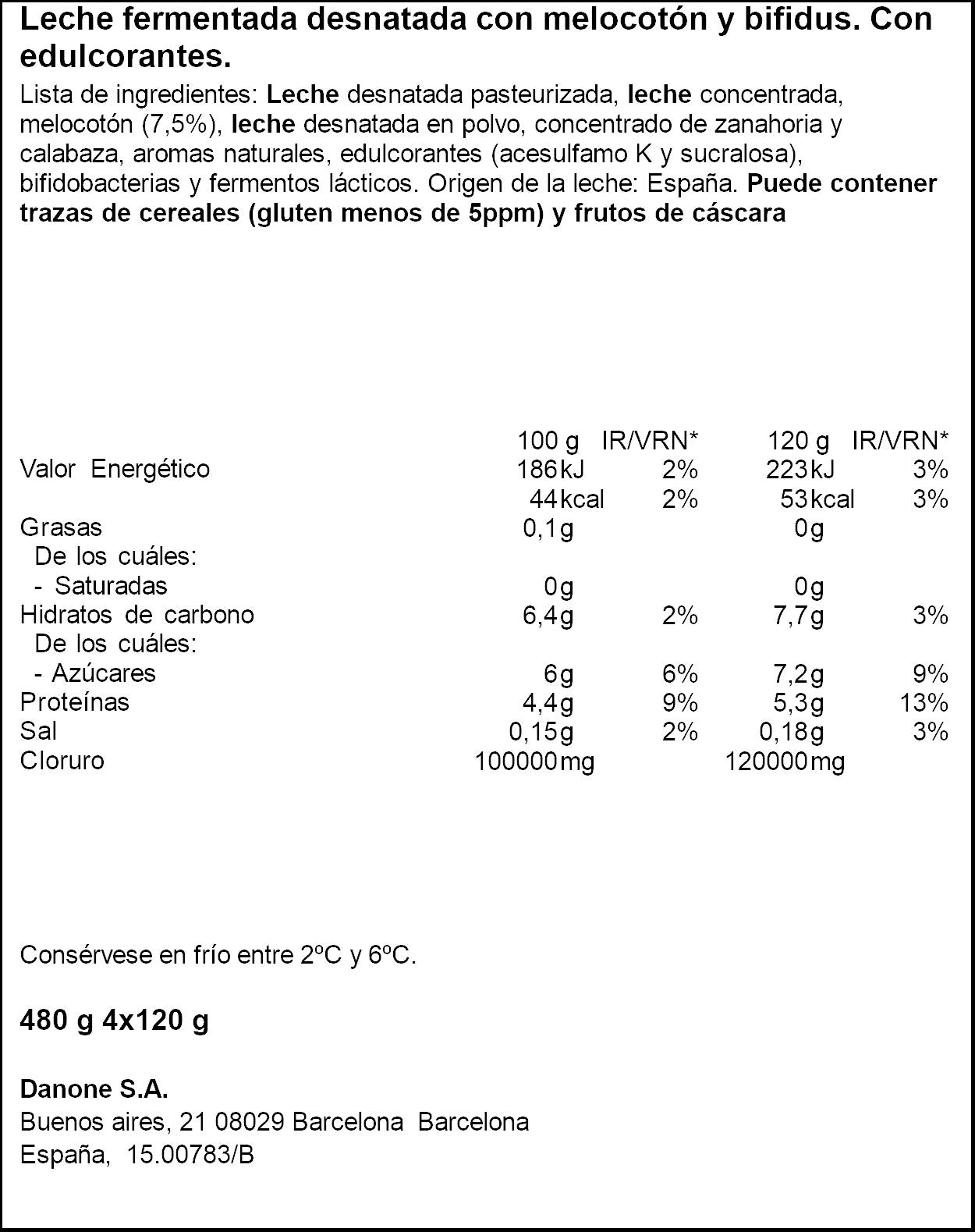 Yogur bifidus desnatado c/melocoton activia 0% Danone p4 125g/u