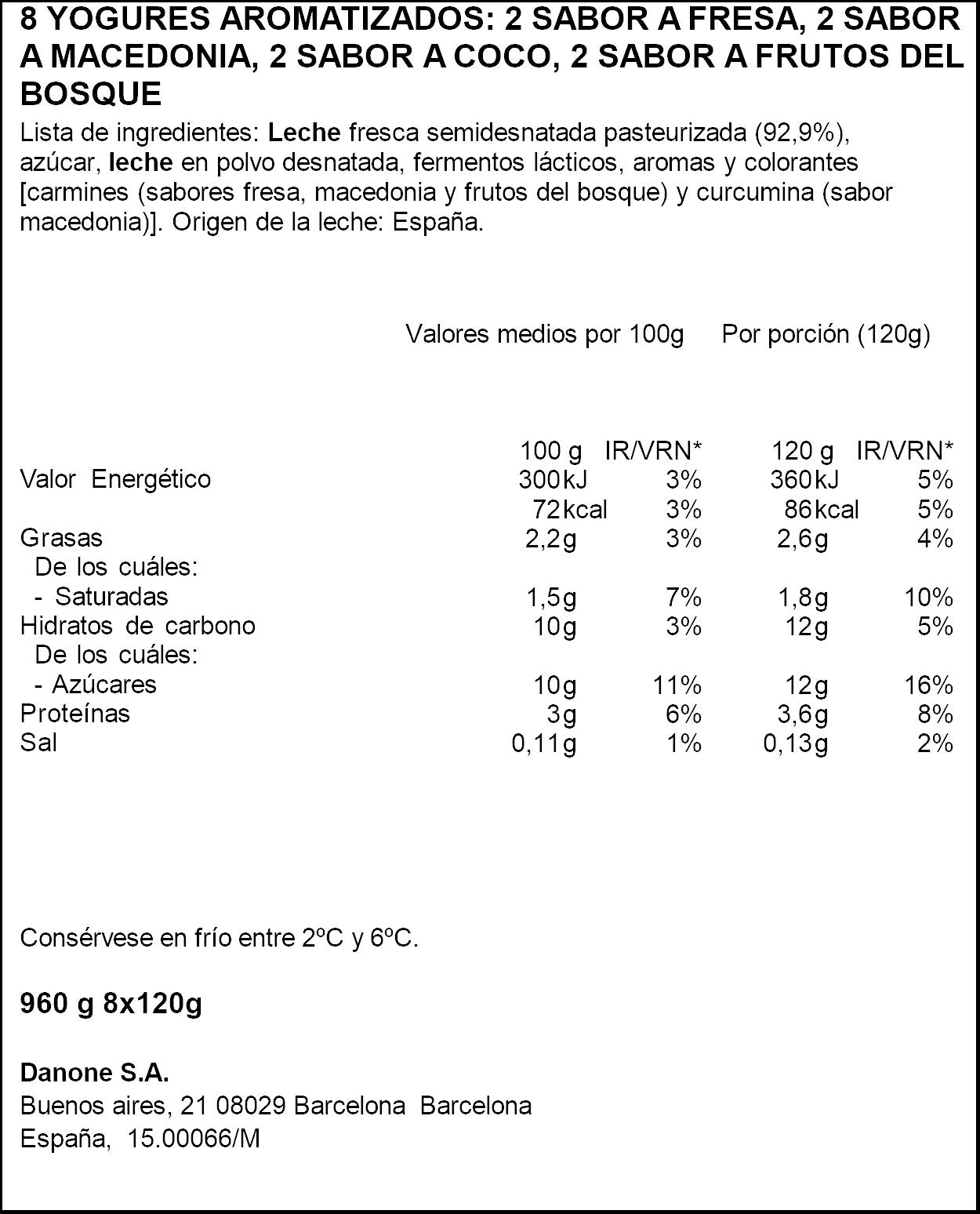 Yogur sabores mace/fres/frut Danone p8 120g/u