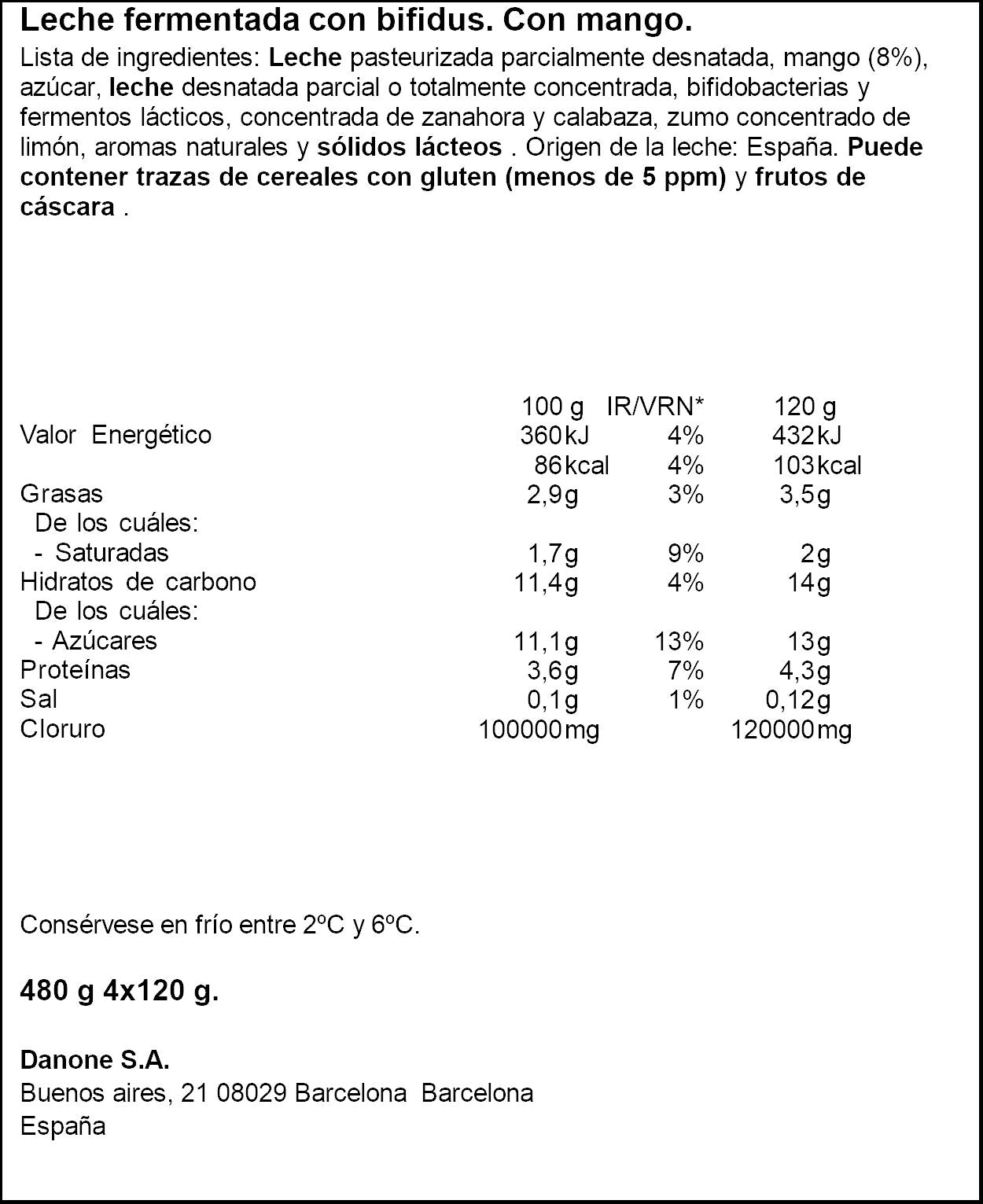 Yogur bifidus c/mango activia Danone p4 125g/u